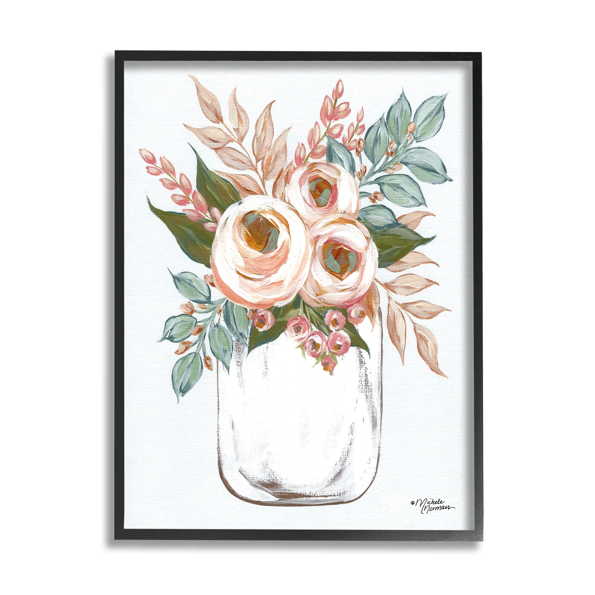 Stupell Industries Delicate Pink Ranunculus Florals Vintage Farm Jar Classic Painting Black Framed Art Print Wall Art, 24 x 30, Design by Michele Norman