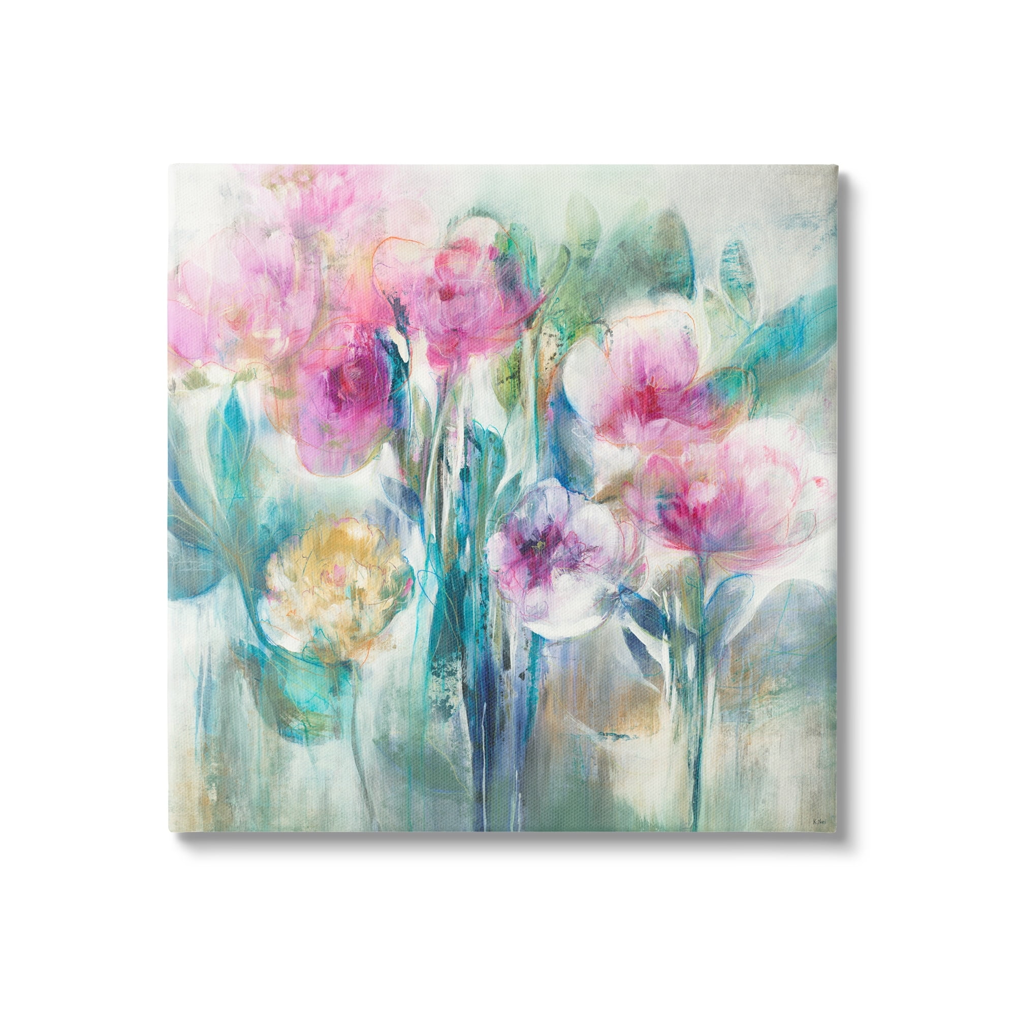 Delicate Rainy Flowers Pink Peonies Abstract Canvas Wall Art, 17 x 17