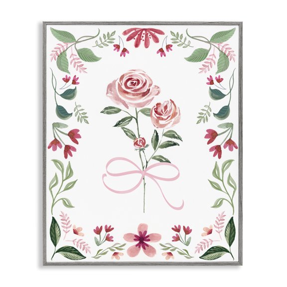 Stupell Industries Delicate Roses Floral Border Floral Painting Gray Framed Art Print Wall Art, 11 x 14