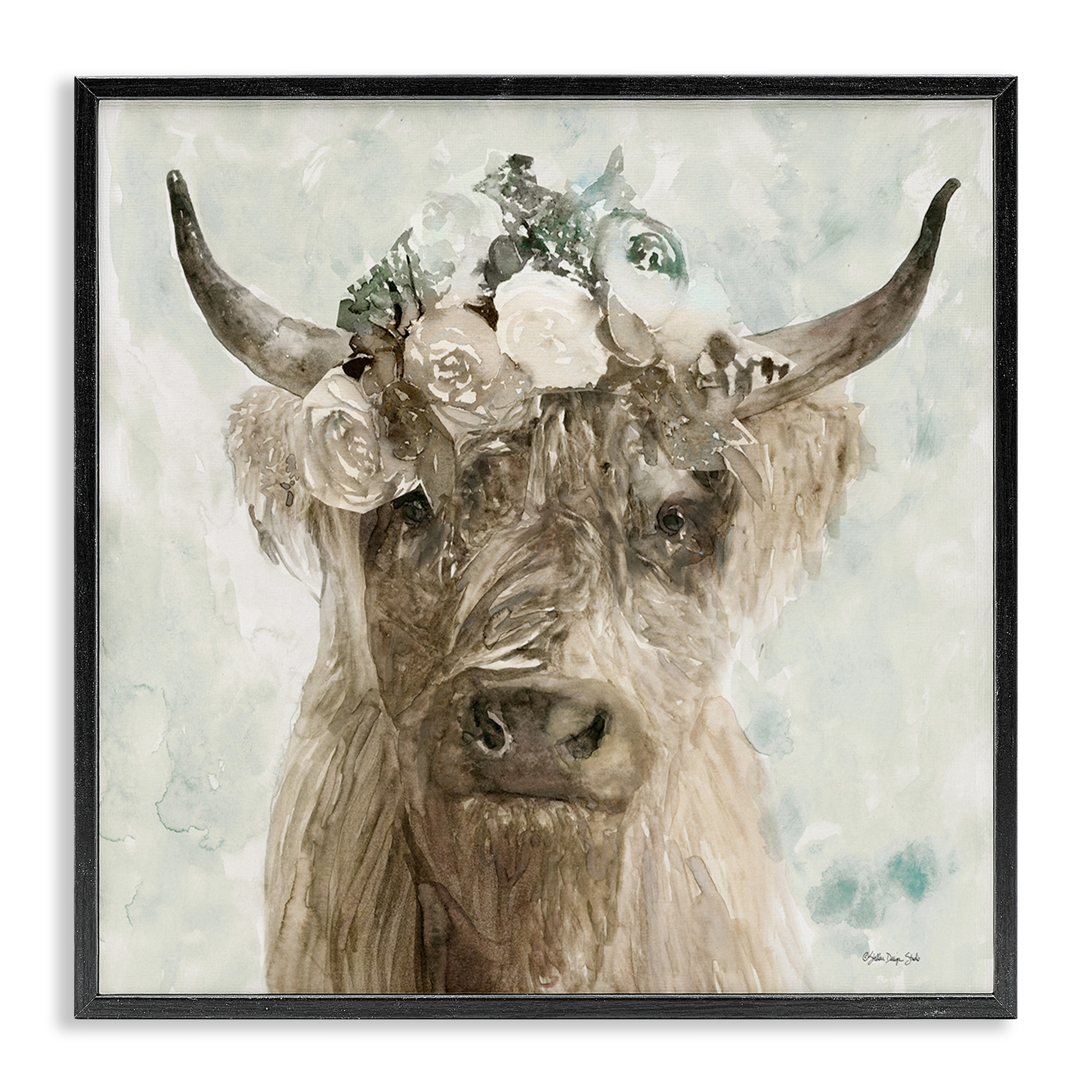 Stupell Industries Delicate Soft Buffalo with Floral Crown Watercolor Framed Wall Art Design by Stellar Design Studio, 12" x 12", Black Framed