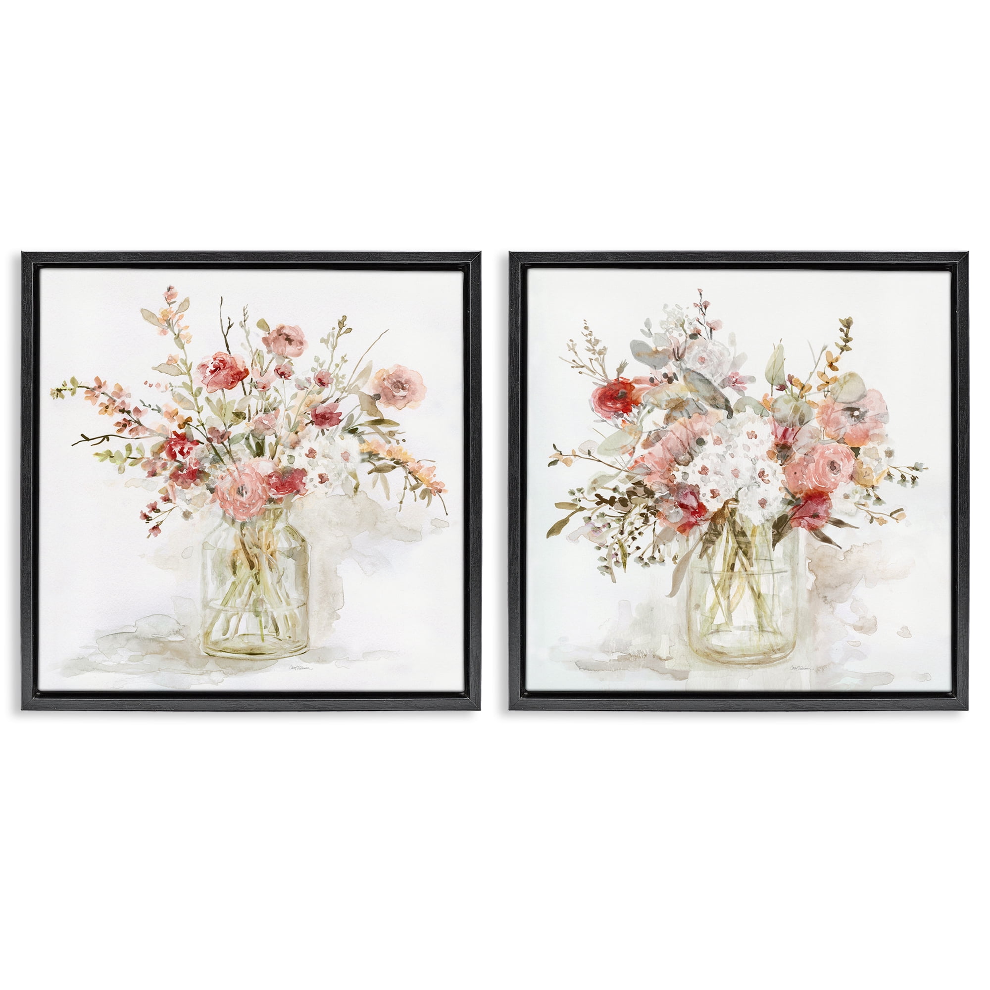 Stupell Industries Delicate Watercolor Bouquets in Glass 2 Piece Black Framed Floater Canvas Set, design by Carol Robinson