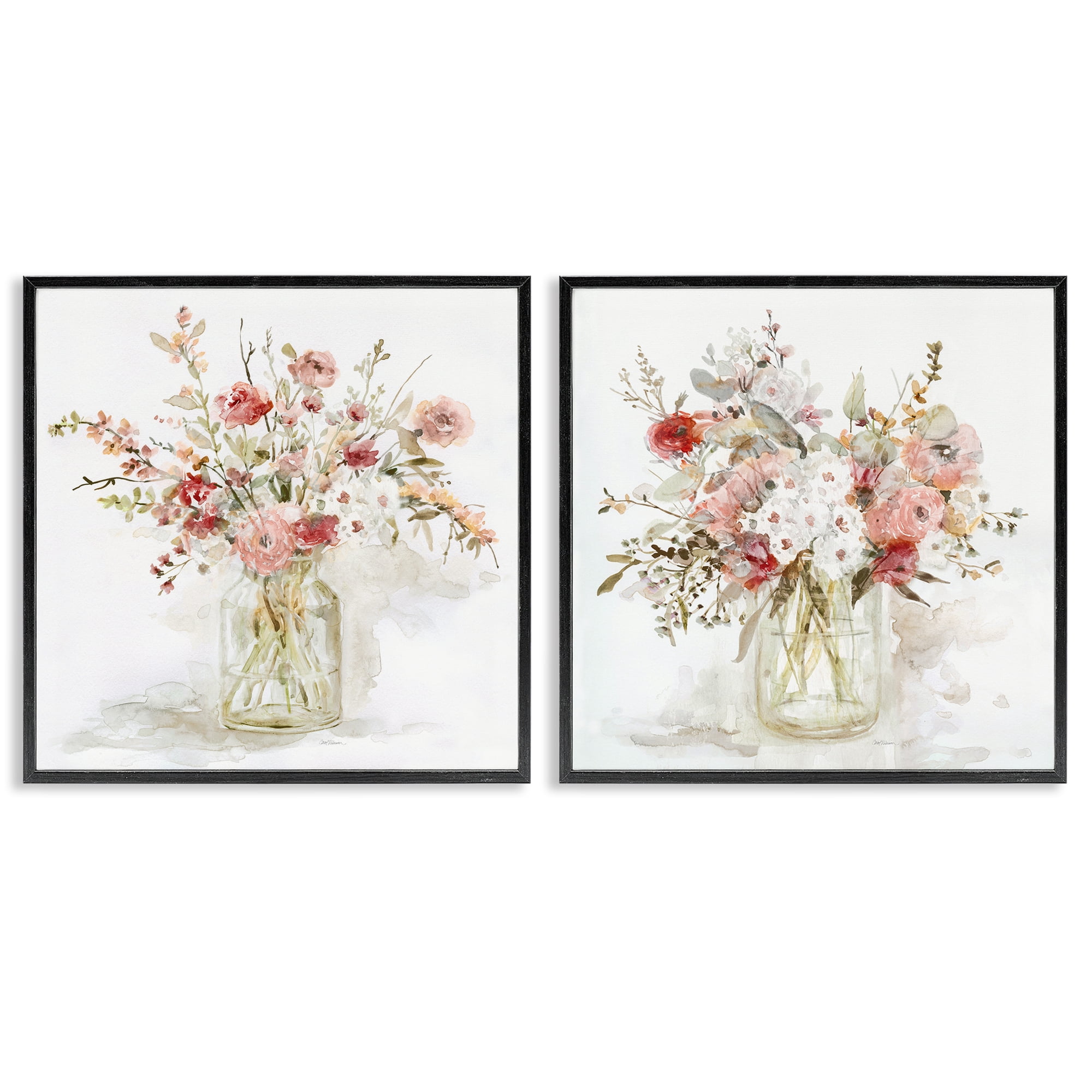 Stupell Industries Delicate Watercolor Bouquets in Glass 2 Piece Black Framed Giclee Art Set, design by Carol Robinson