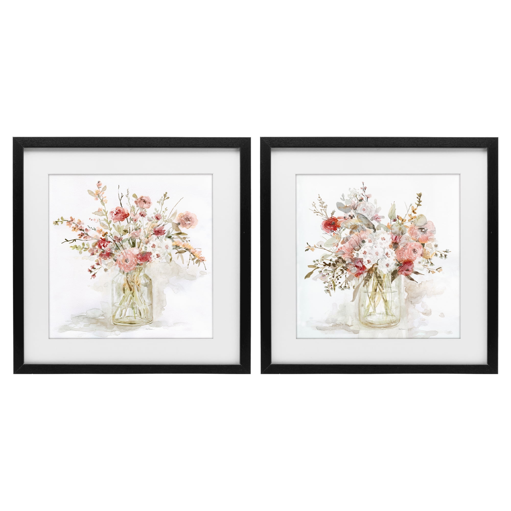 Stupell Industries Delicate Watercolor Bouquets in Glass 2 Piece Black Framed Print Under Glass Set, design by Carol Robinson