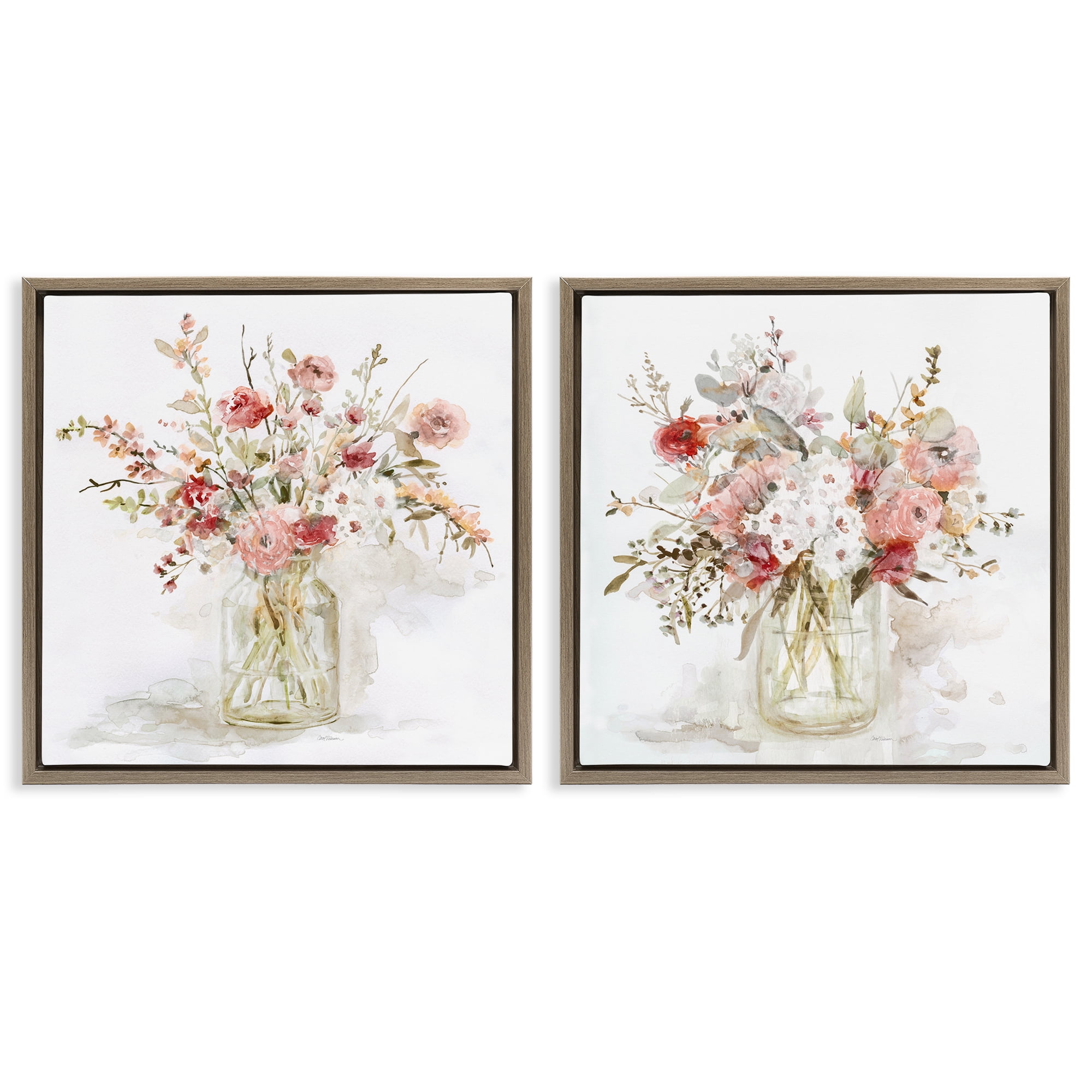 Stupell Industries Delicate Watercolor Bouquets in Glass 2 Piece Brown Framed Floater Canvas Set, design by Carol Robinson