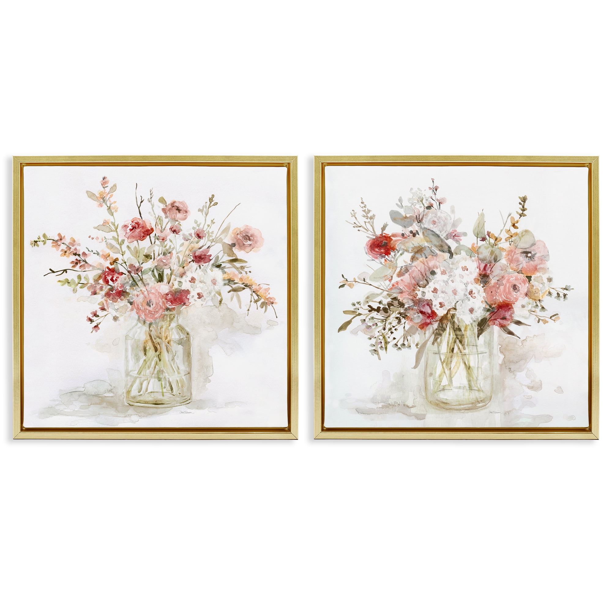 Stupell Industries Delicate Watercolor Bouquets in Glass 2 Piece Gold Framed Floater Canvas Set, design by Carol Robinson