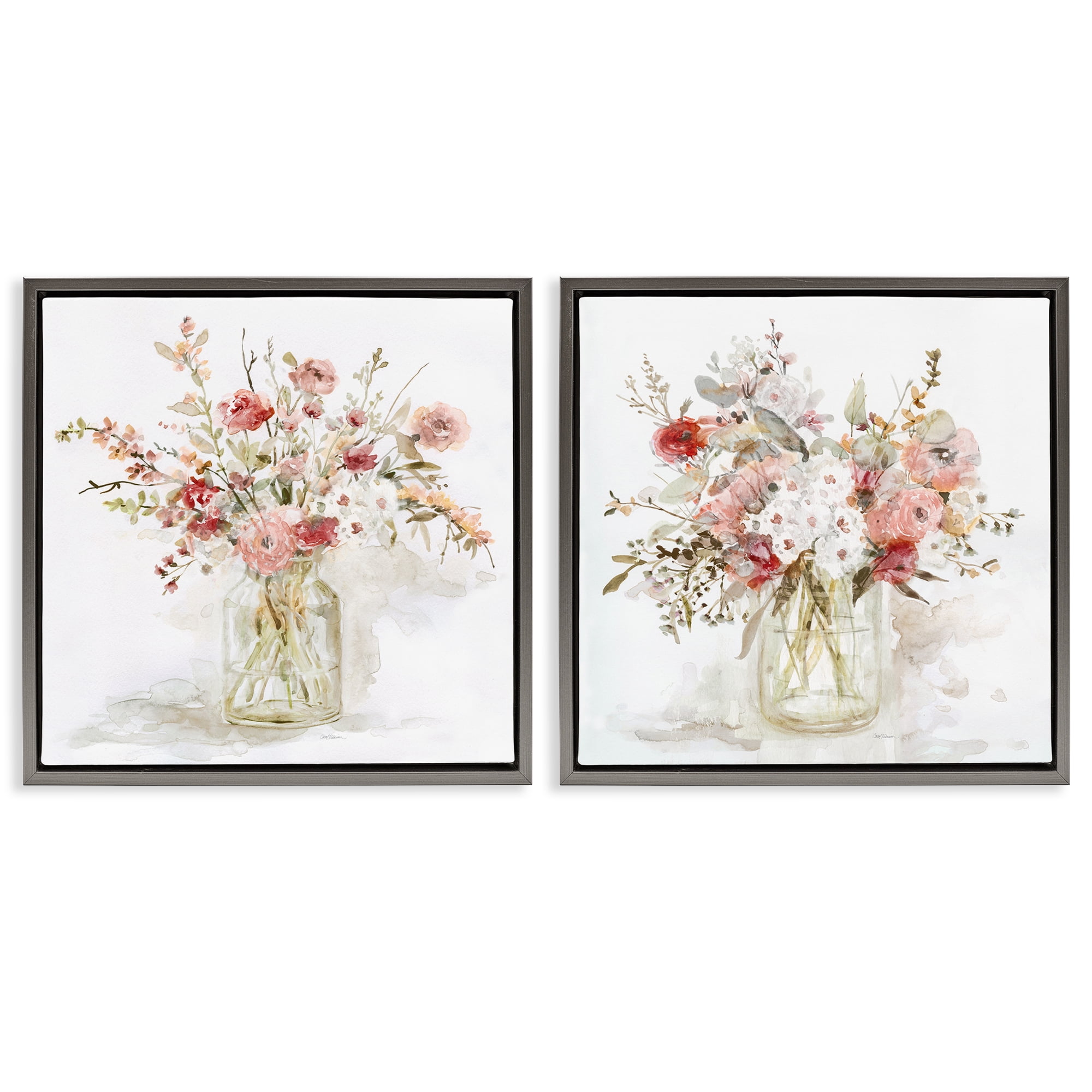 Stupell Industries Delicate Watercolor Bouquets in Glass 2 Piece Gray Framed Floater Canvas Set, design by Carol Robinson