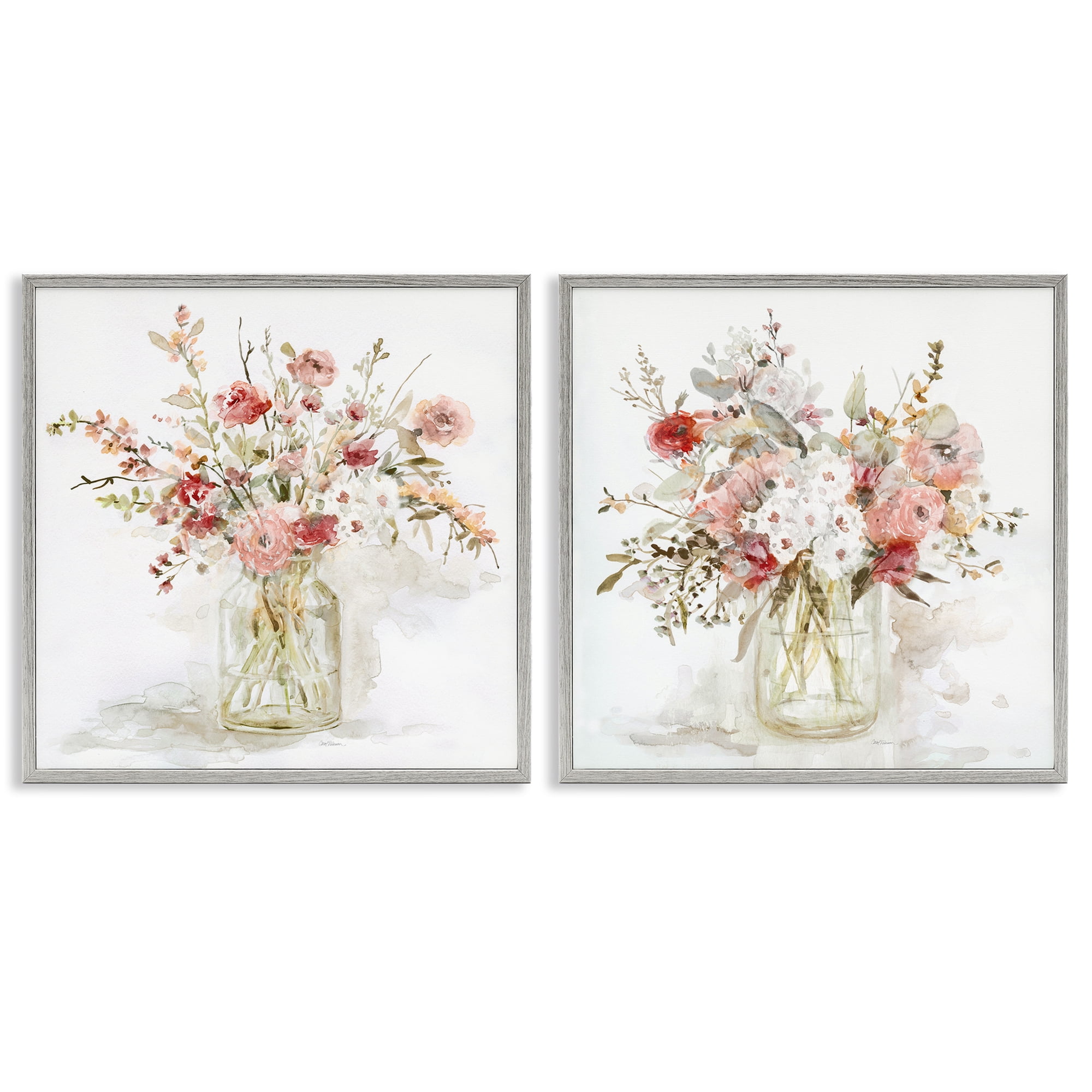 Stupell Industries Delicate Watercolor Bouquets in Glass 2 Piece Gray Framed Giclee Art Set, design by Carol Robinson
