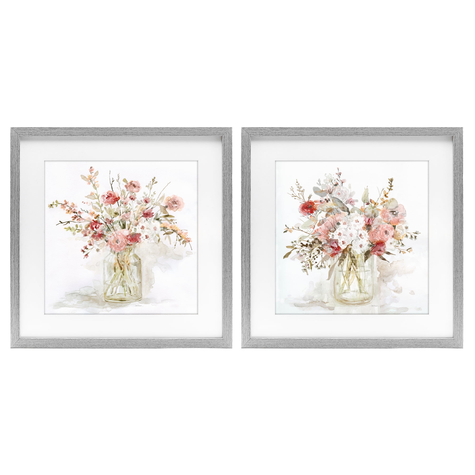 Stupell Industries Delicate Watercolor Bouquets in Glass 2 Piece Gray Framed Print Under Glass Set, design by Carol Robinson