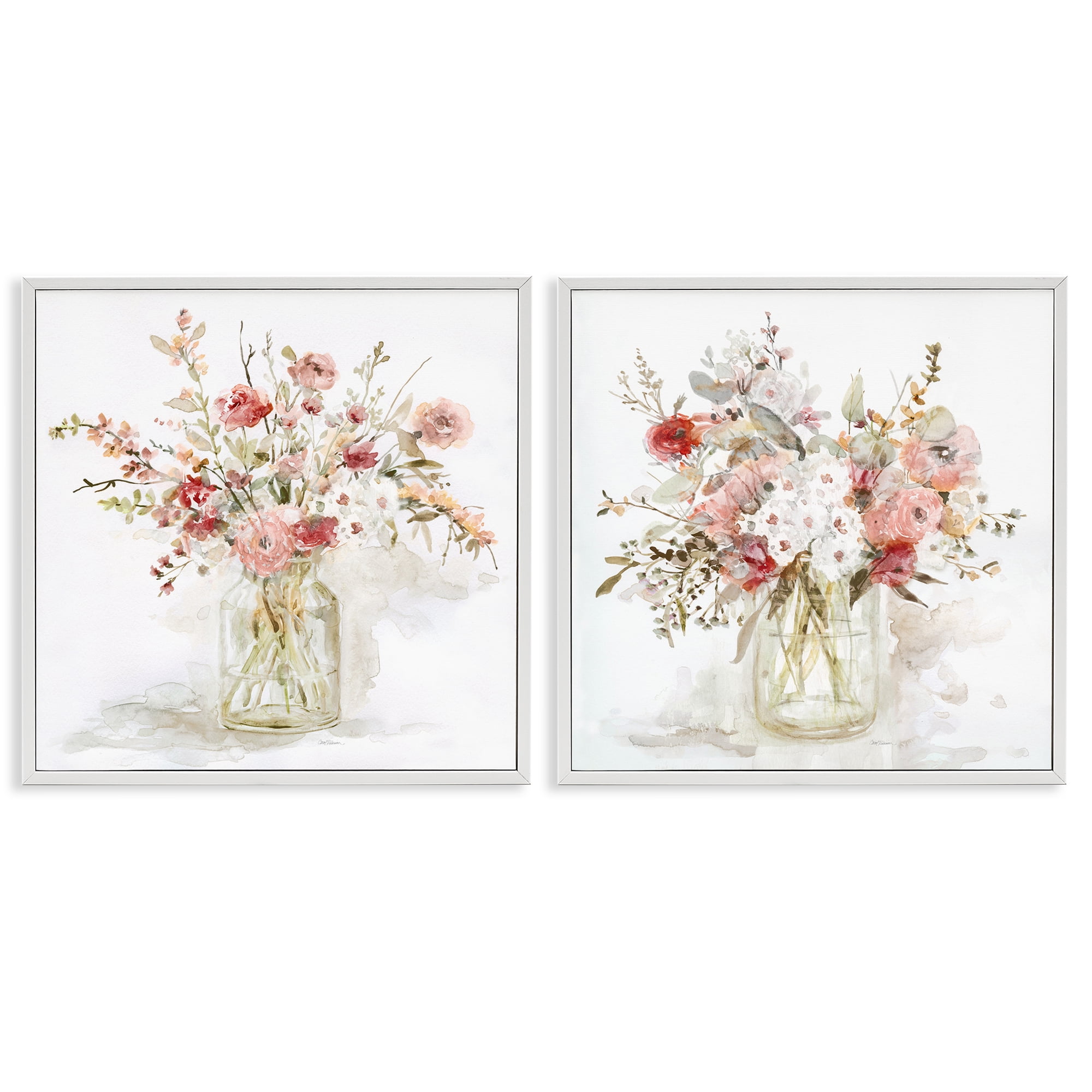 Stupell Industries Delicate Watercolor Bouquets in Glass 2 Piece White Framed Giclee Art Set, design by Carol Robinson