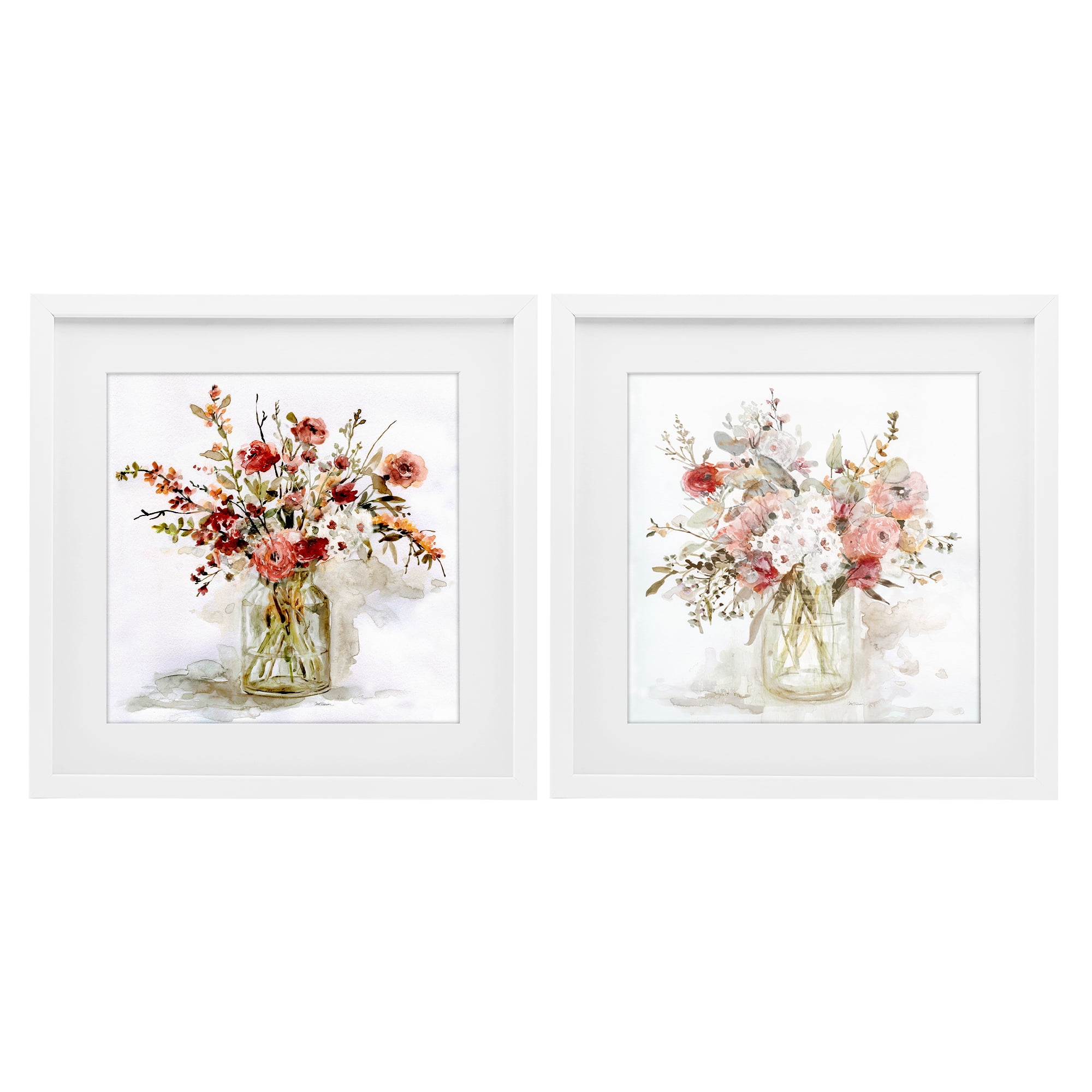 Stupell Industries Delicate Watercolor Bouquets in Glass 2 Piece White Framed Print Under Glass Set, design by Carol Robinson
