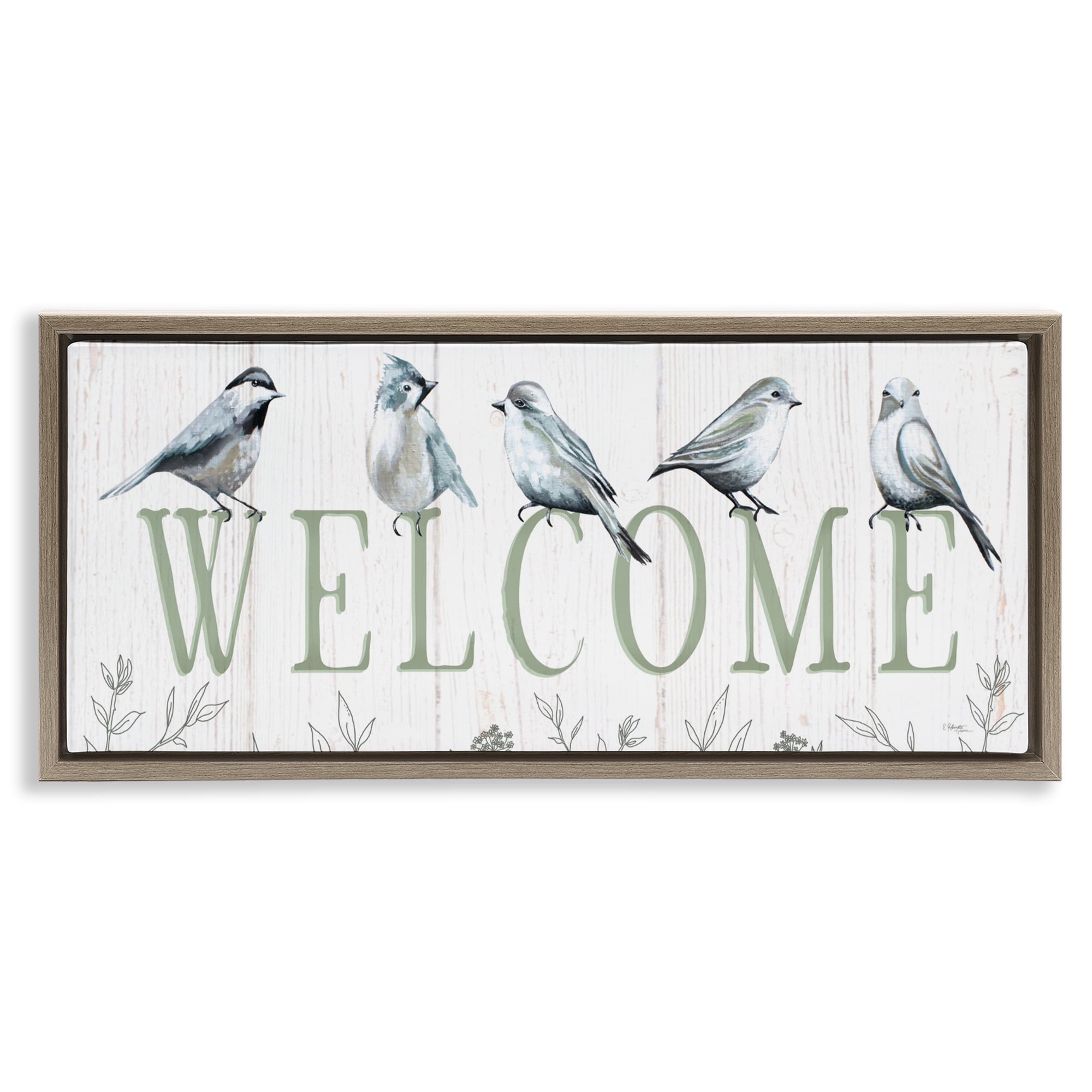 Stupell Industries Delicate Welcome Birds Brown Framed Floater Canvas Wall Art, design by Elizabeth Tyndall