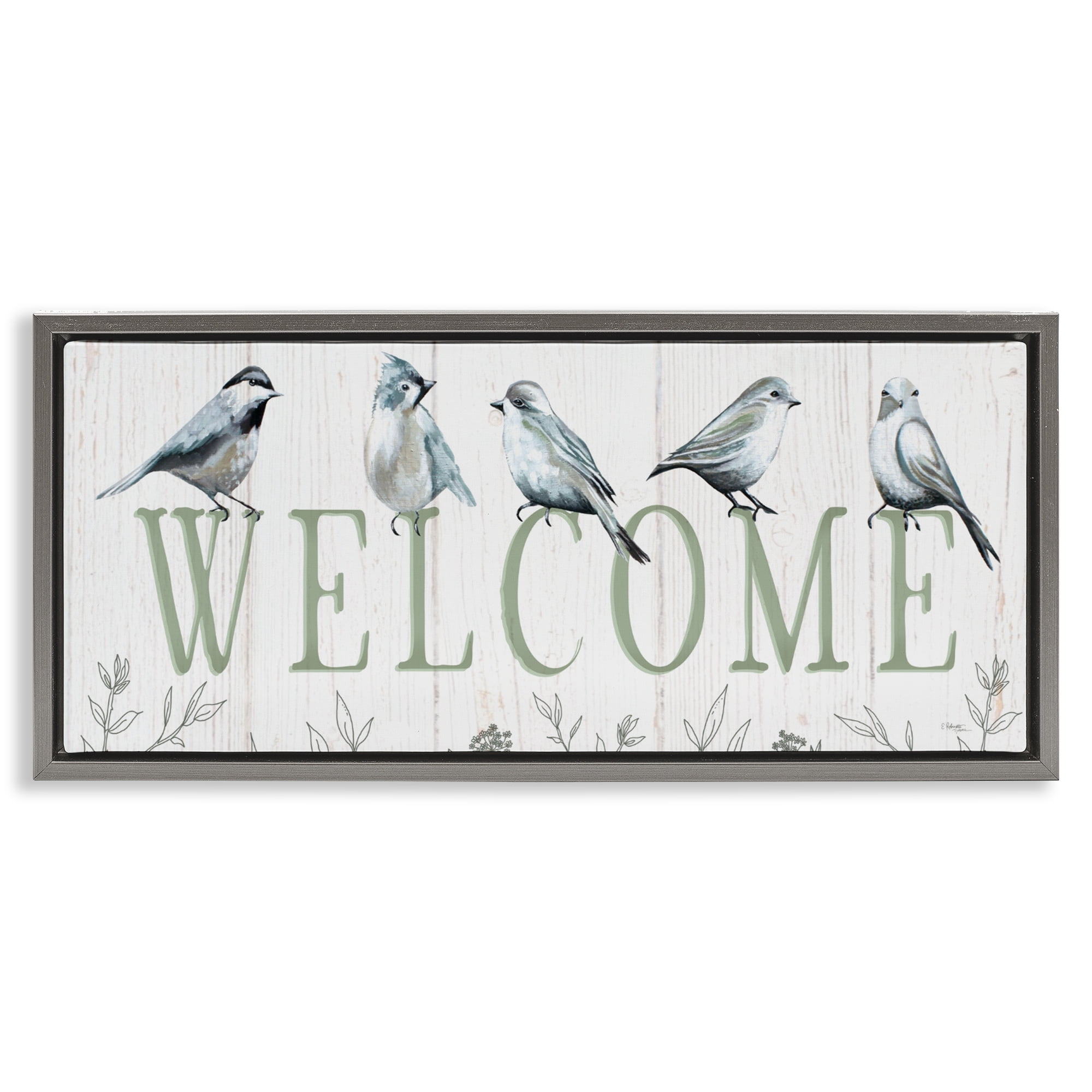 Stupell Industries Delicate Welcome Birds Gray Framed Floater Canvas Wall Art, design by Elizabeth Tyndall