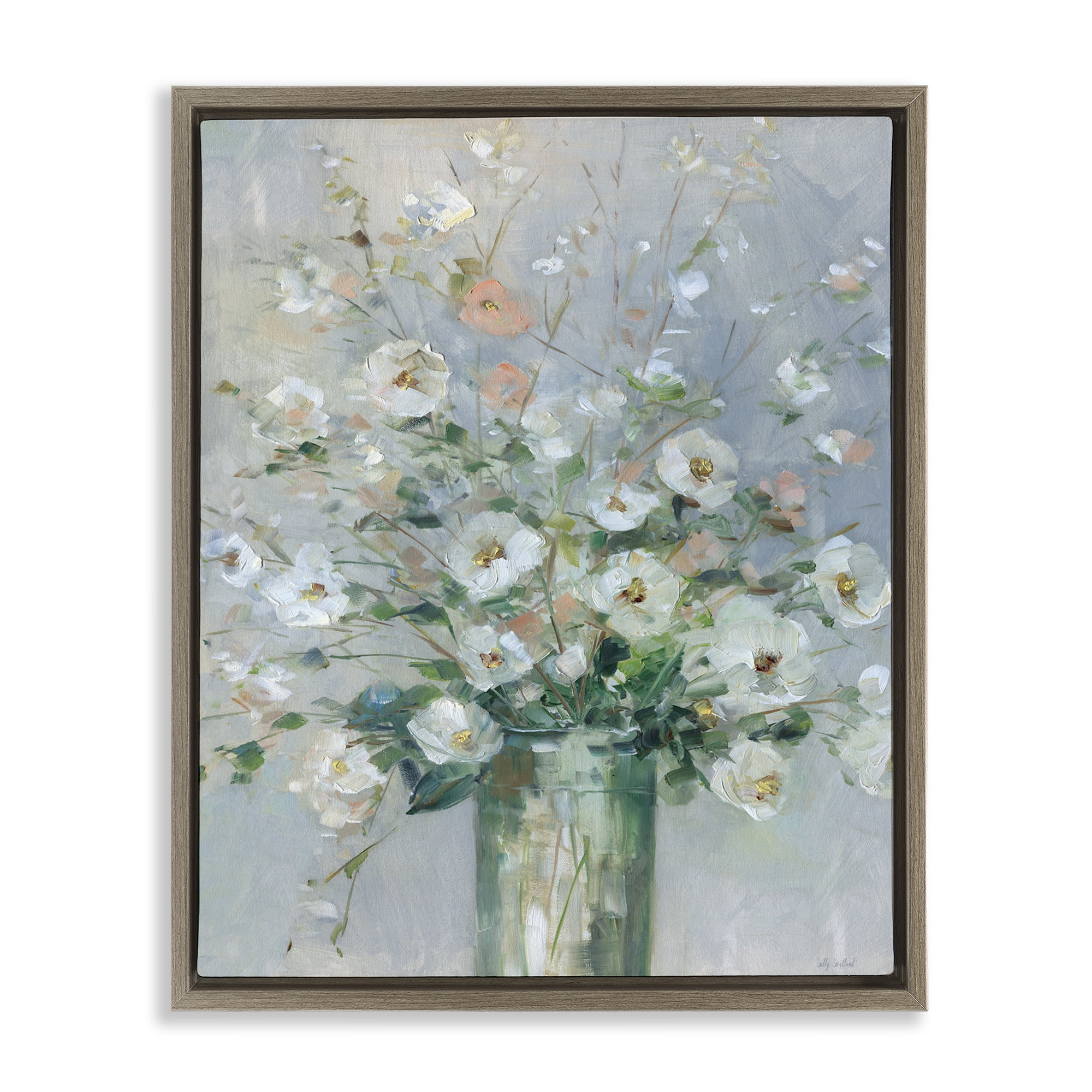 Stupell Industries Delicate White Blossoms Impression Brown Framed Floater Canvas Wall Art, design by Sally Swatland
