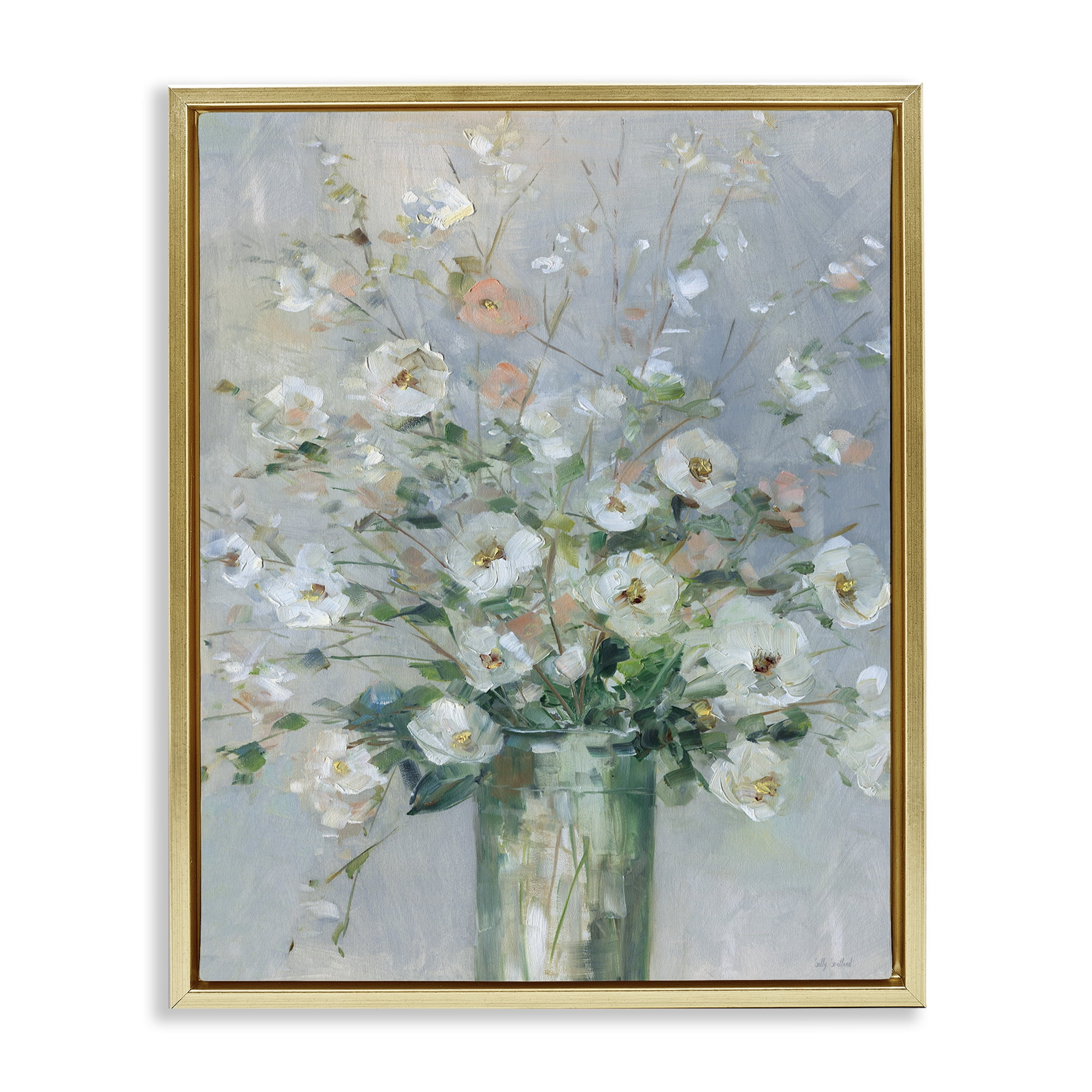 Stupell Industries Delicate White Blossoms Impression Gold Framed Floater Canvas Wall Art, design by Sally Swatland