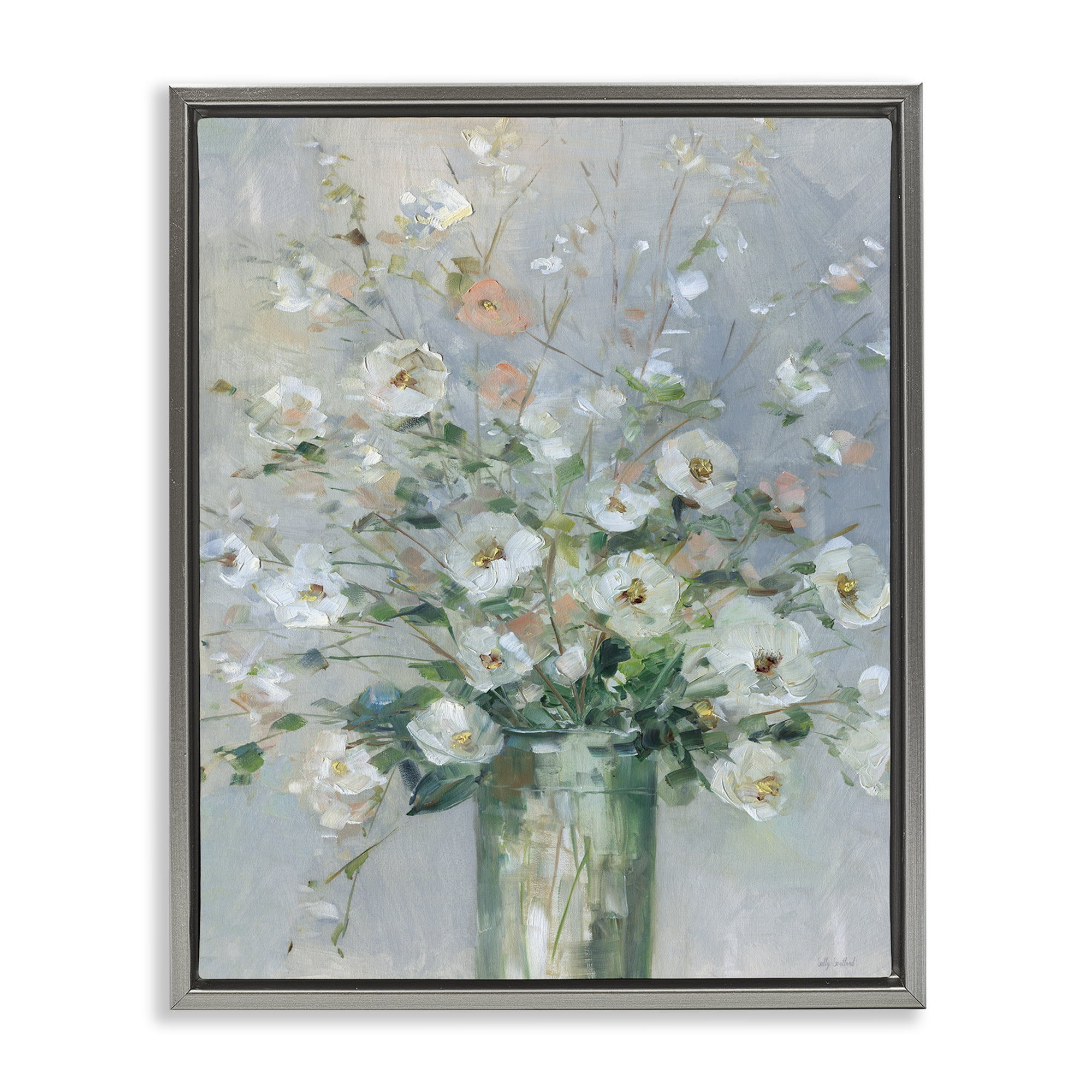 Stupell Industries Delicate White Blossoms Impression Gray Framed Floater Canvas Wall Art, design by Sally Swatland