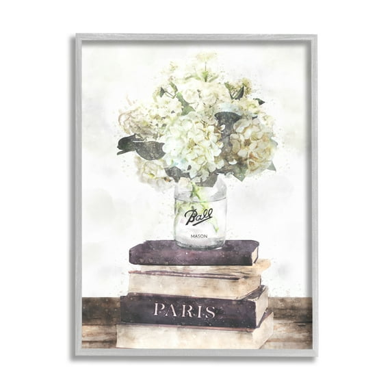 Stupell Industries Delicate White Florals on Parisian Bookstack Graphic Art Framed Art Print Wall Art, 24x30, By Ziwei Li