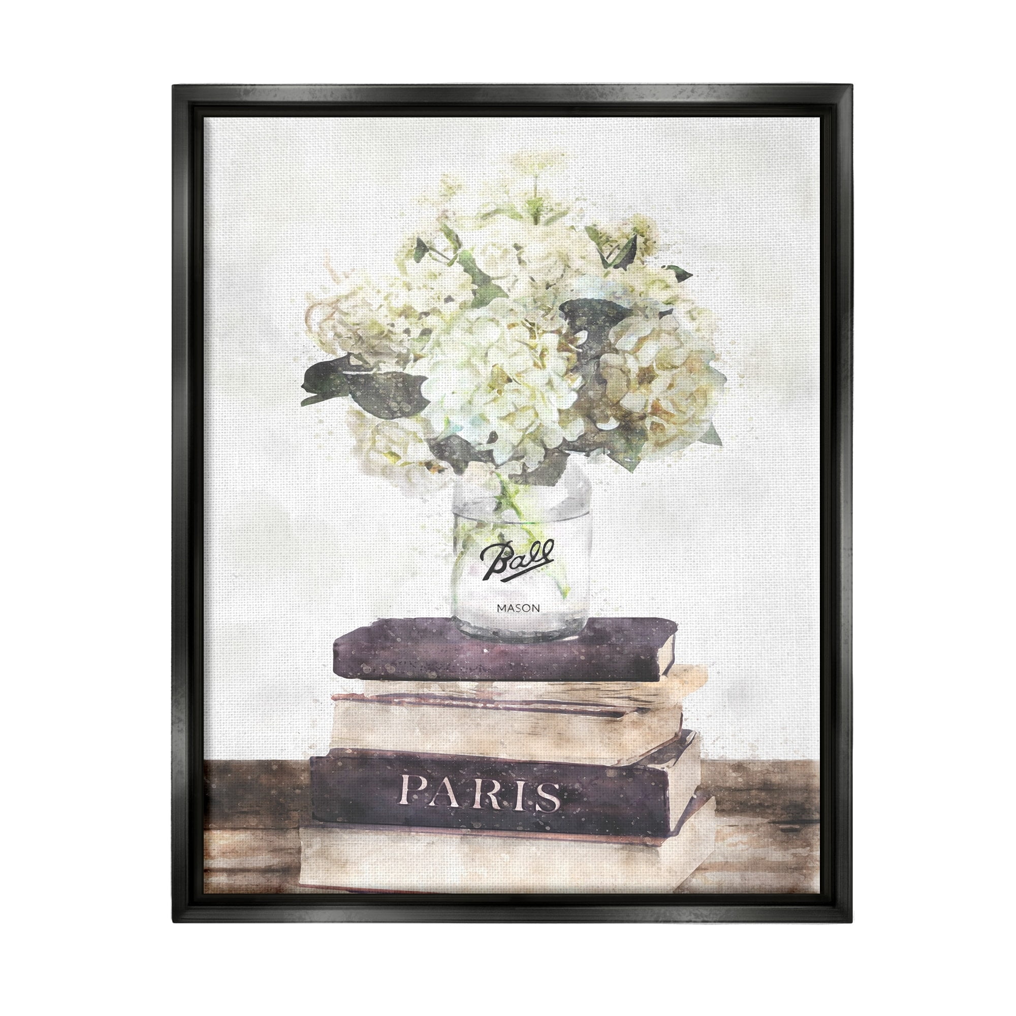 Stupell Industries Delicate White Florals on Parisian Bookstack Jet Black Framed Floating Canvas Wall Art, 16x20, by Ziwei Li