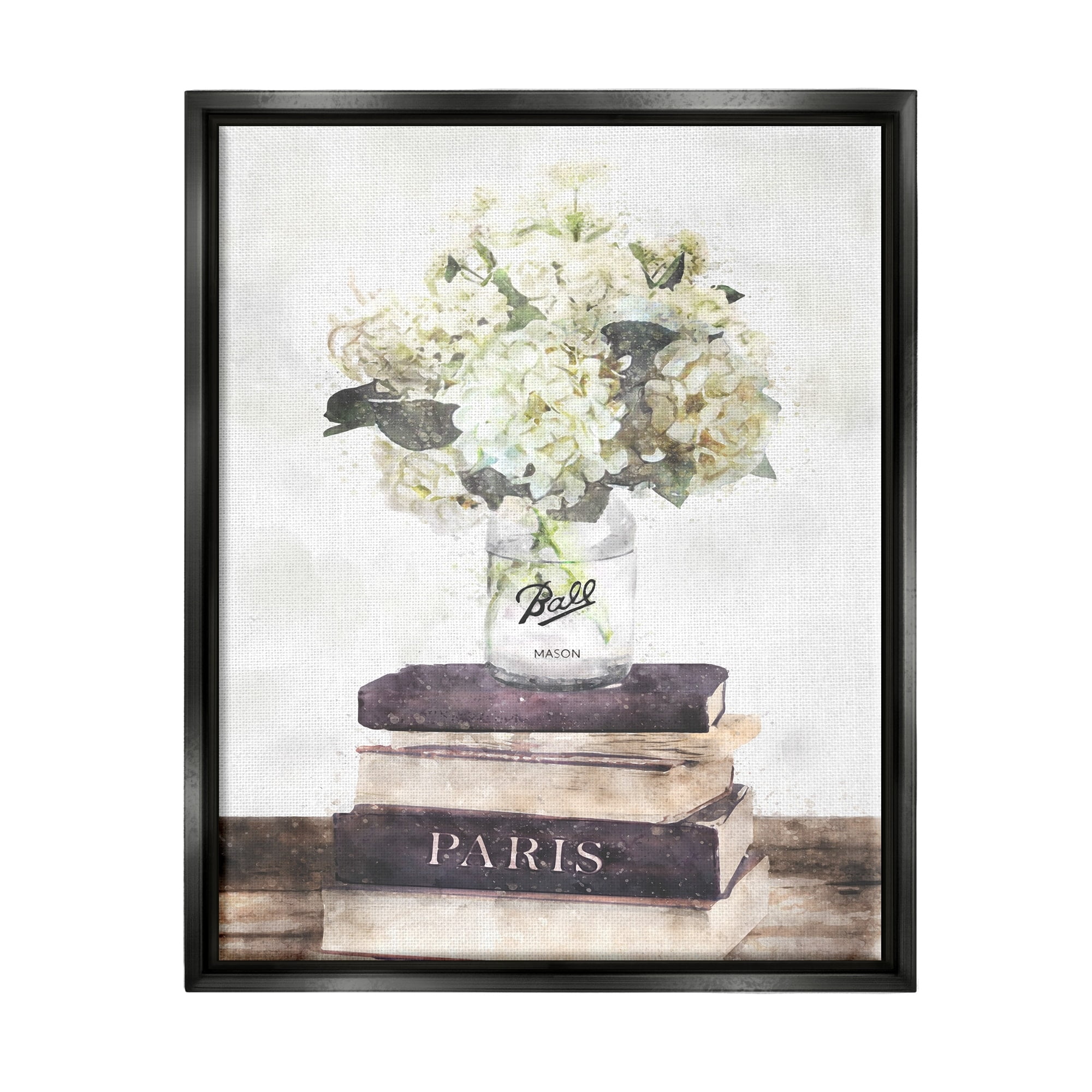 Stupell Industries Delicate White Florals on Parisian Bookstack Jet Black Framed Floating Canvas Wall Art, 24x30, by Ziwei Li