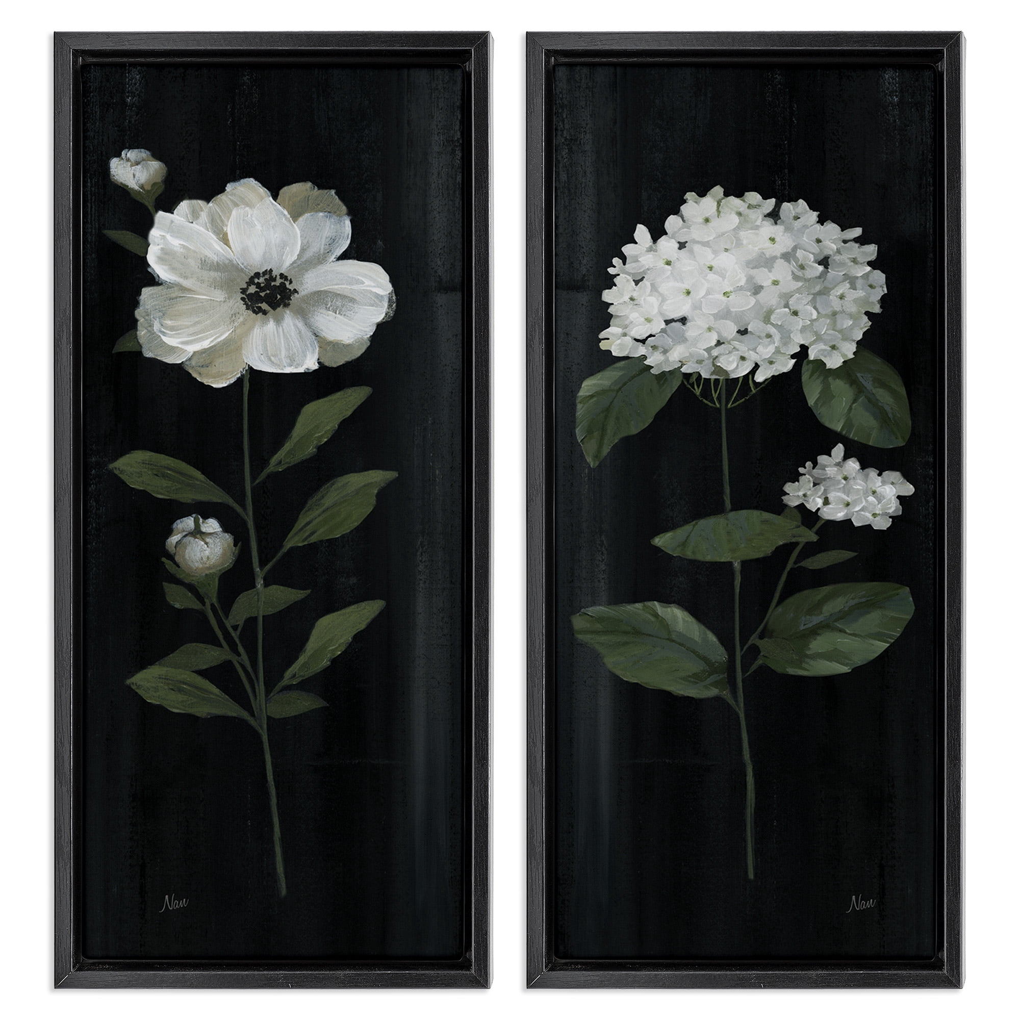 Stupell Industries Delicate White Flower Sprigs Botanical & Floral Painting Black Floater Framed Canvas Art Print Wall Art, 11 x 25, Set of 2