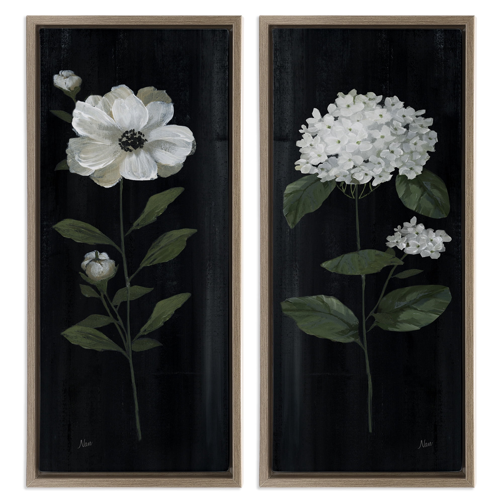 Stupell Industries Delicate White Flower Sprigs Botanical & Floral Painting Brown Floater Framed Canvas Art Print Wall Art, 11 x 25, Set of 2