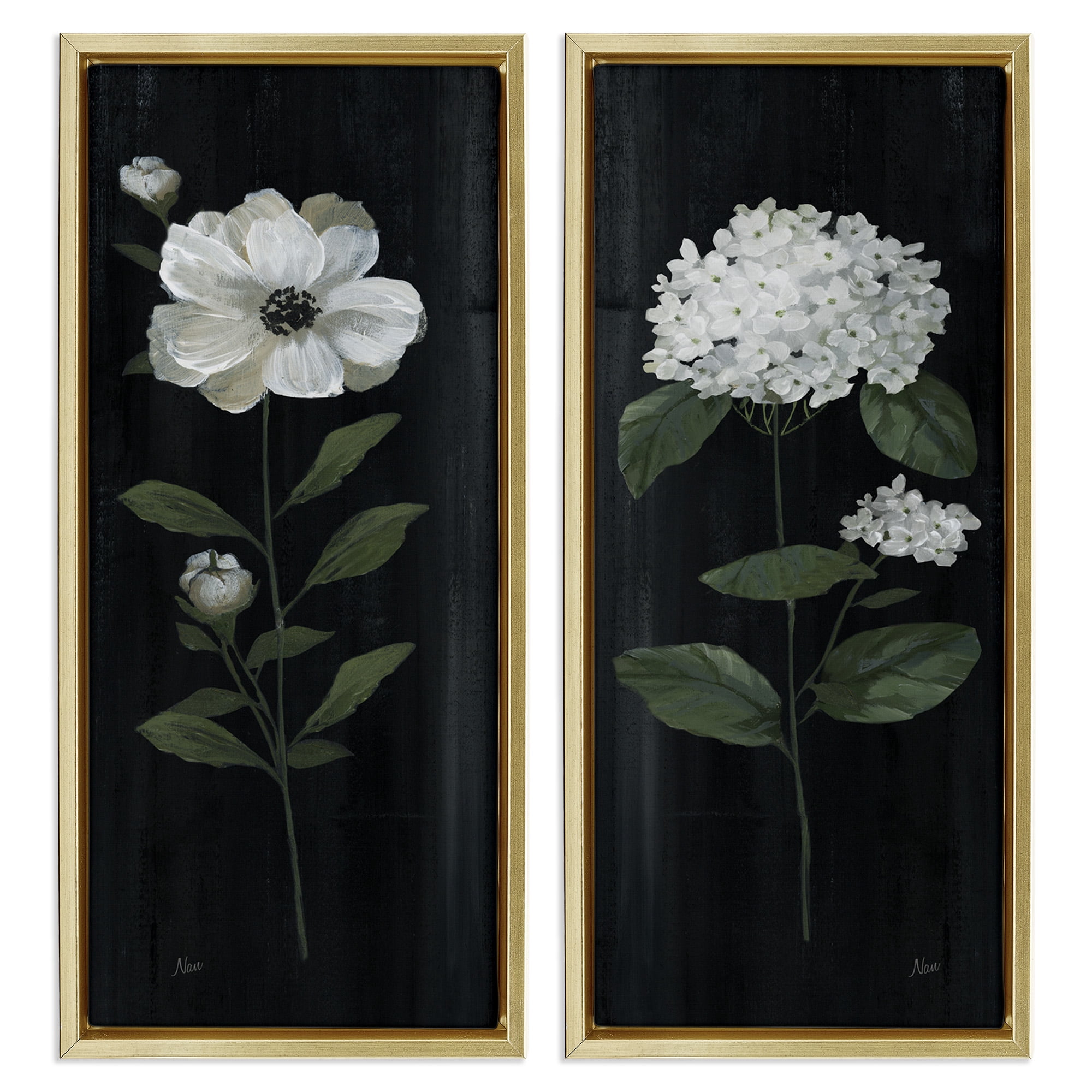 Stupell Industries Delicate White Flower Sprigs Botanical & Floral Painting Gold Floater Framed Canvas Art Print Wall Art, 15 x 31, Set of 2