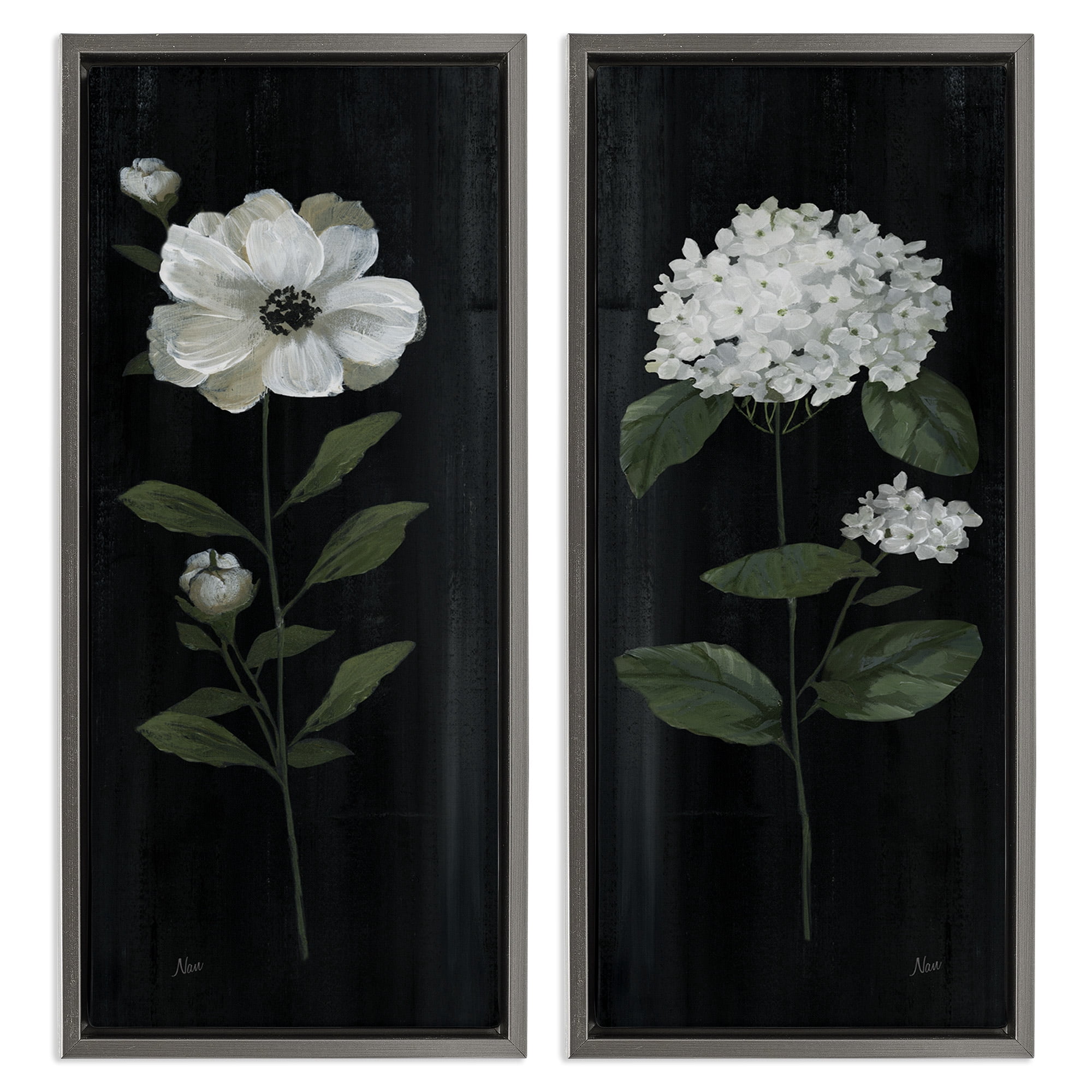 Stupell Industries Delicate White Flower Sprigs Botanical & Floral Painting Gray Floater Framed Canvas Art Print Wall Art, 15 x 31, Set of 2