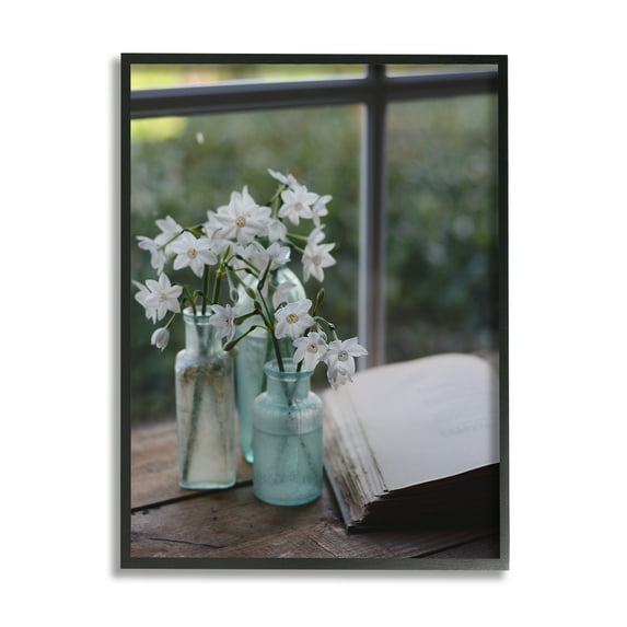 Stupell Industries Delicate White Flowers Cottage Window Book Pages Photograph Black Framed Art Print Wall Art, Design by Claire Brocato