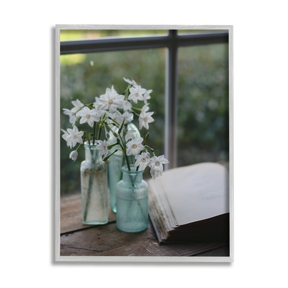 Stupell Industries Delicate White Flowers Cottage Window Book Pages Photograph Gray Framed Art Print Wall Art, Design by Claire Brocato