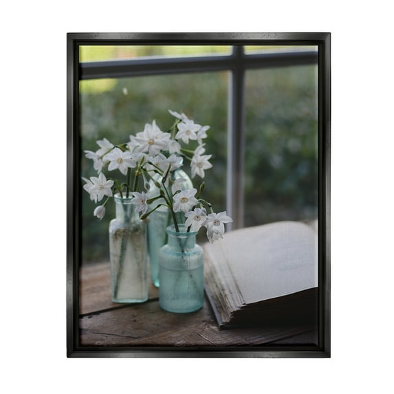 Stupell Industries Delicate White Flowers Cottage Window Book Pages Photograph Jet Black Floating Framed Canvas Print Wall Art, Design by Claire Brocato