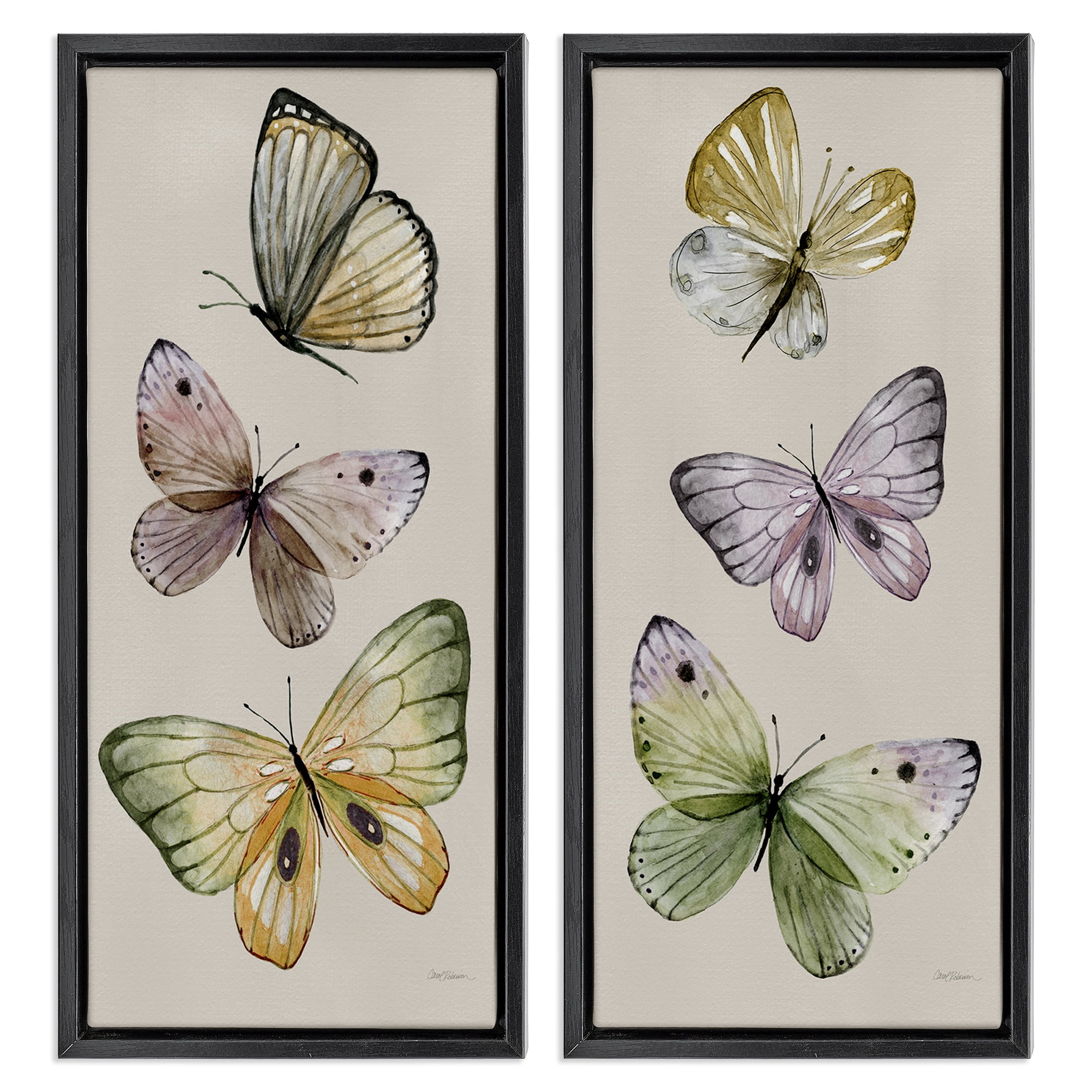 Stupell Industries Delicate Winged Butterfly Trio Animals Painting Black Floater Framed Canvas Art Print Wall Art, 14 x 31, Set of 2