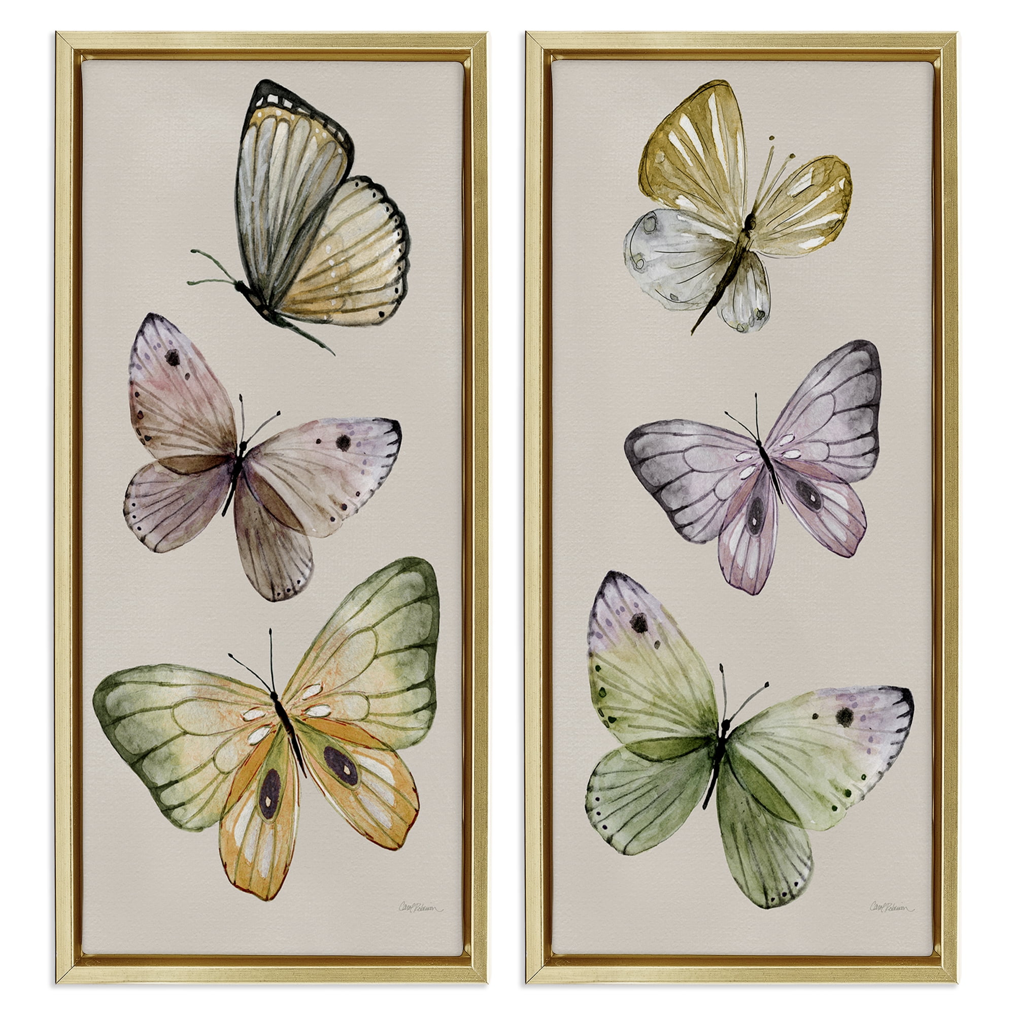 Stupell Industries Delicate Winged Butterfly Trio Animals Painting Gold Floater Framed Canvas Art Print Wall Art, 14 x 31, Set of 2