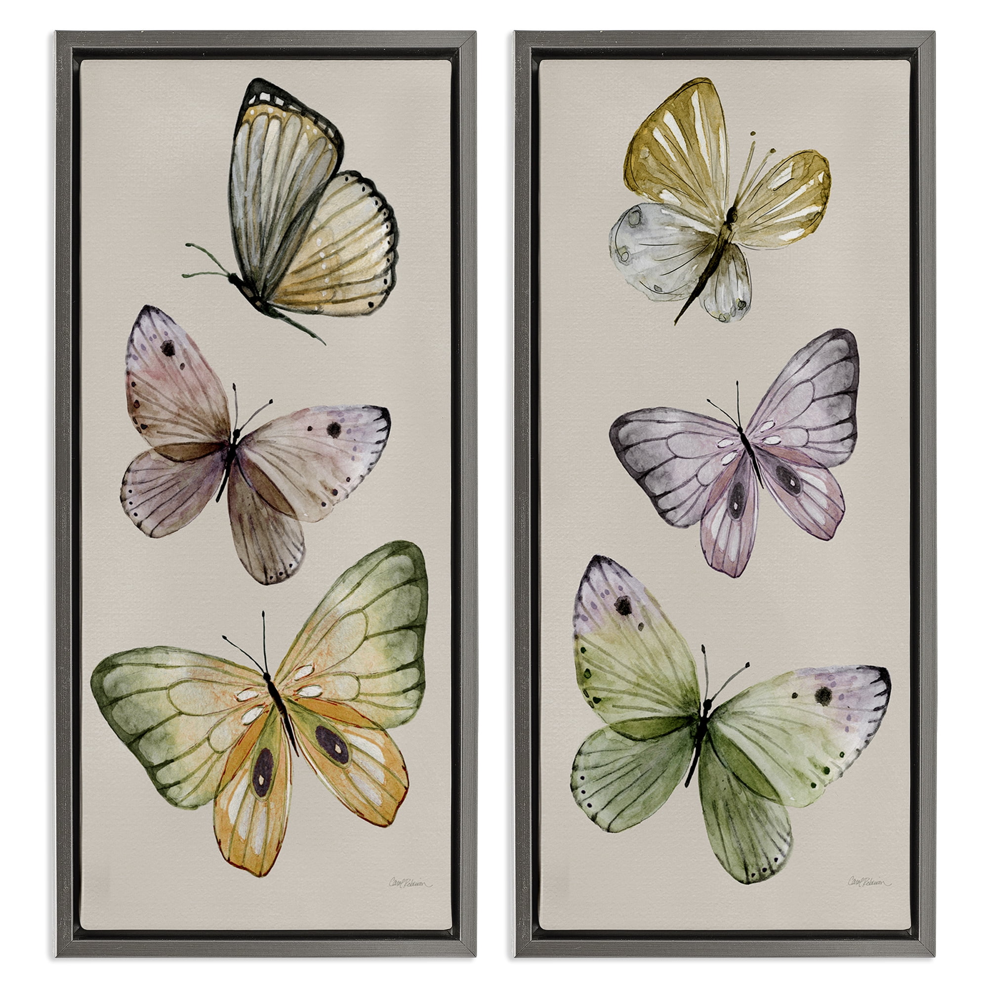 Stupell Industries Delicate Winged Butterfly Trio Animals Painting Gray Floater Framed Canvas Art Print Wall Art, 11 x 25, Set of 2