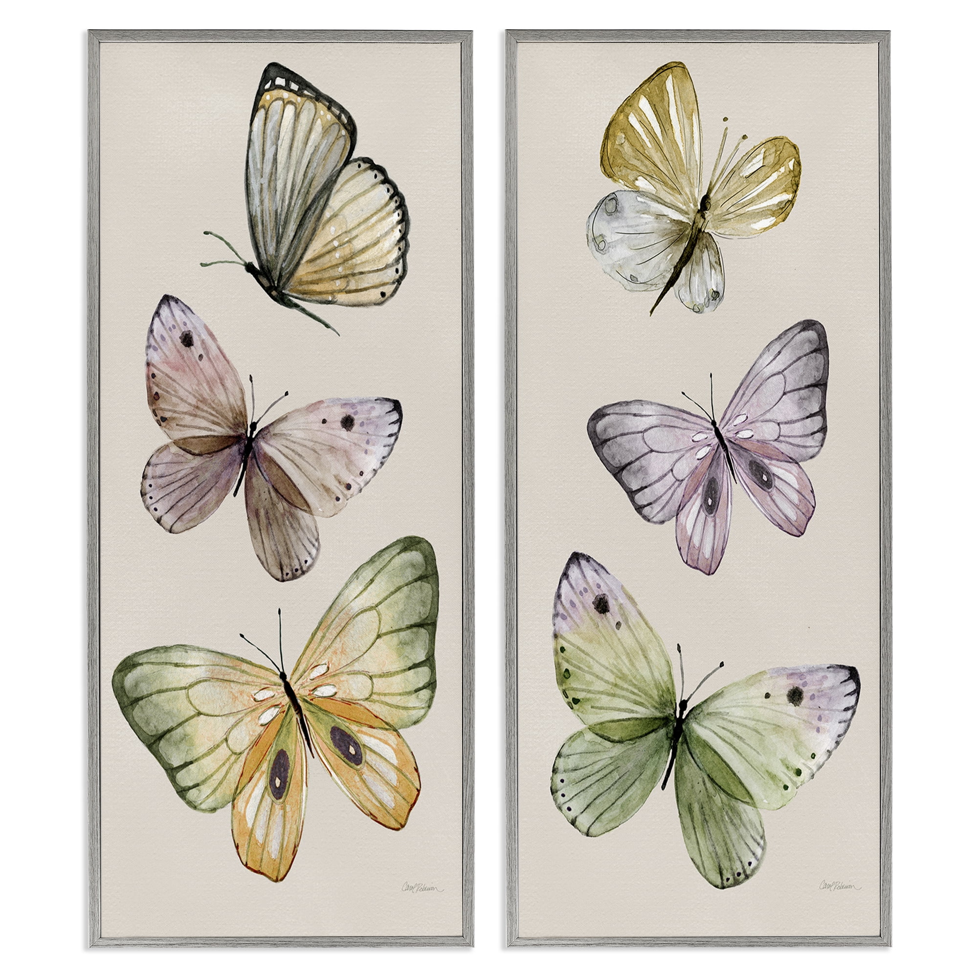 Stupell Industries Delicate Winged Butterfly Trio Animals Painting Gray Framed Art Print Wall Art, 10 x 24, Set of 2