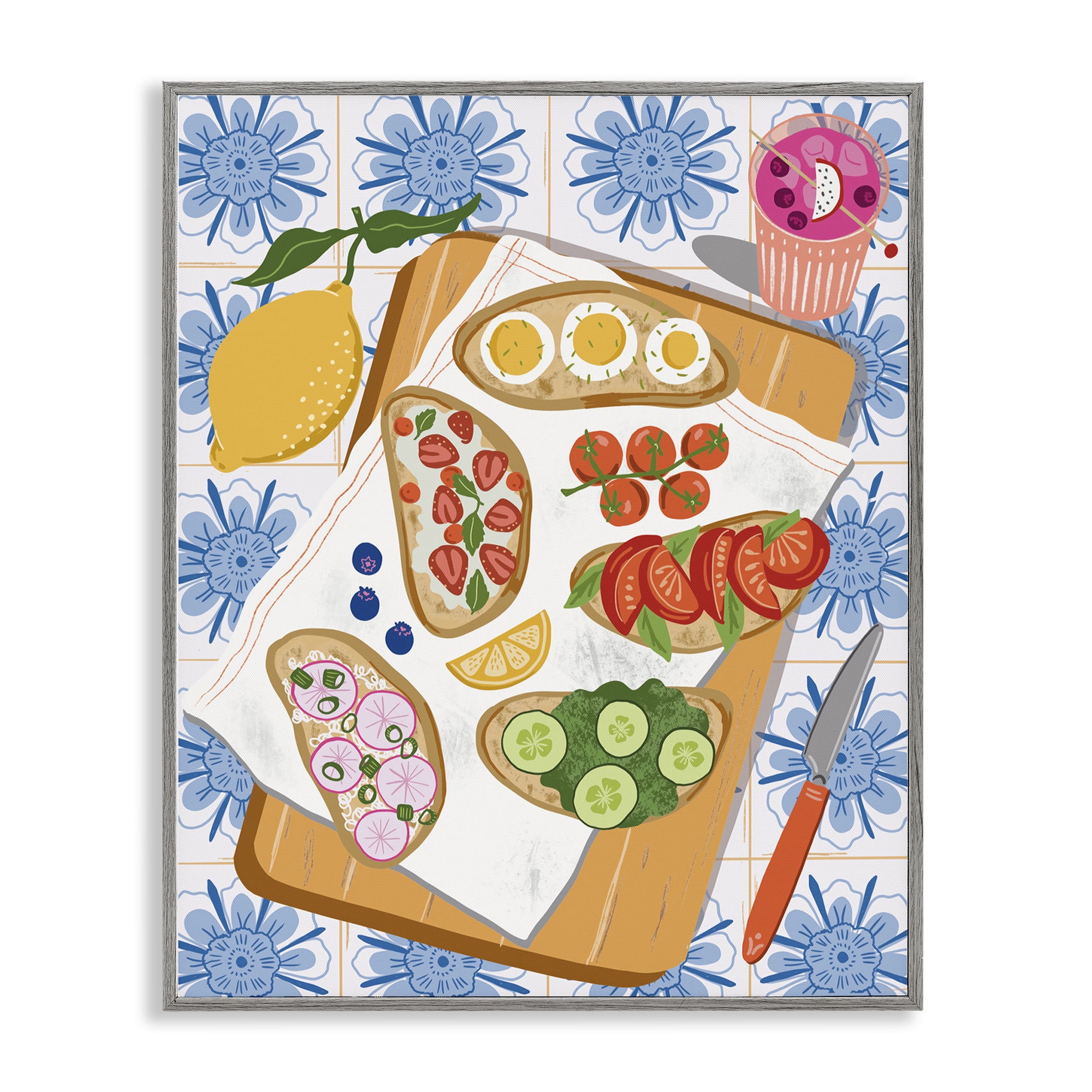 Stupell Industries Delicious Toasts on Florals Food & Beverage Painting Gray Framed Art Print Wall Art, 16 x 20