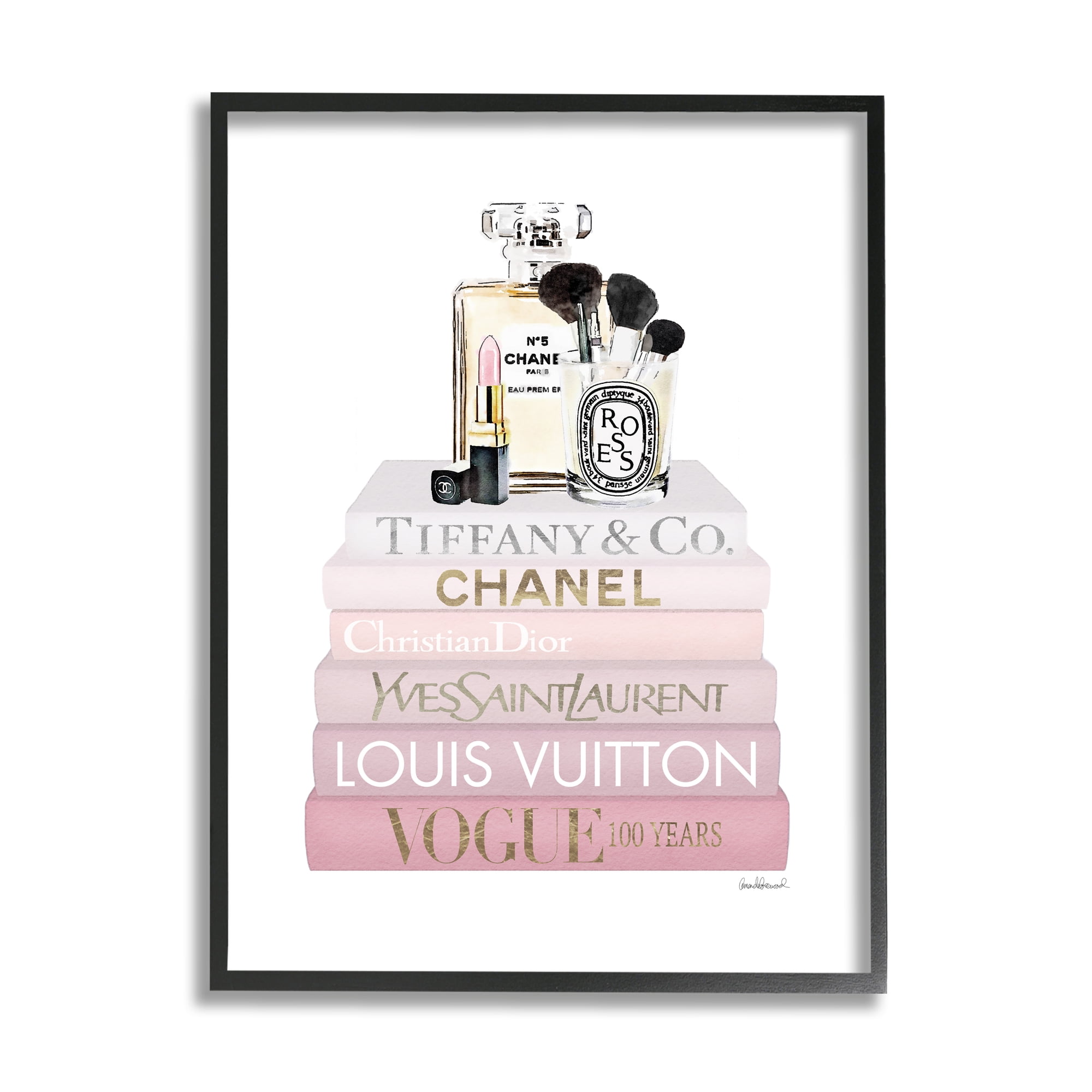 Stupell Industries Deluxe Fragrance and Cosmetics Glam Pink Bookstack Beauty & Fashion Painting Black Framed Art Print Wall Art, 11 x 14