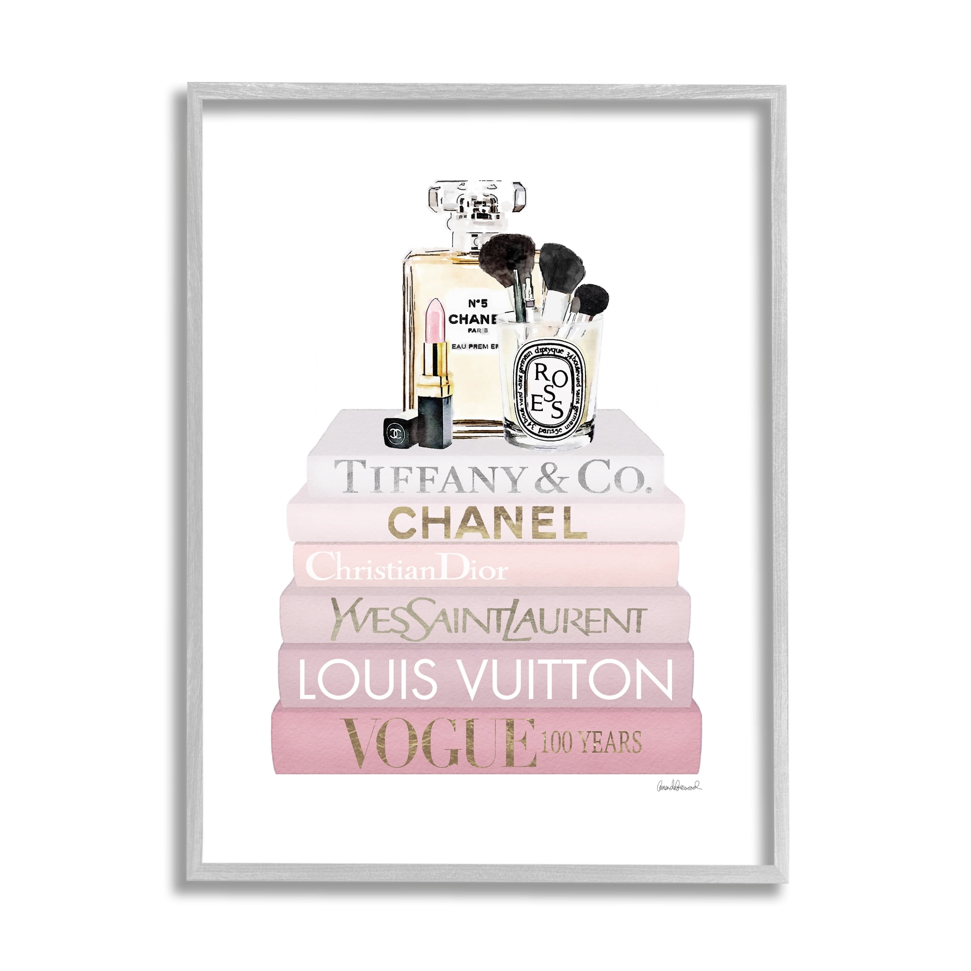 Stupell Industries Deluxe Fragrance and Cosmetics Glam Pink Bookstack Beauty & Fashion Painting Gray Framed Art Print Wall Art, 24 x 30