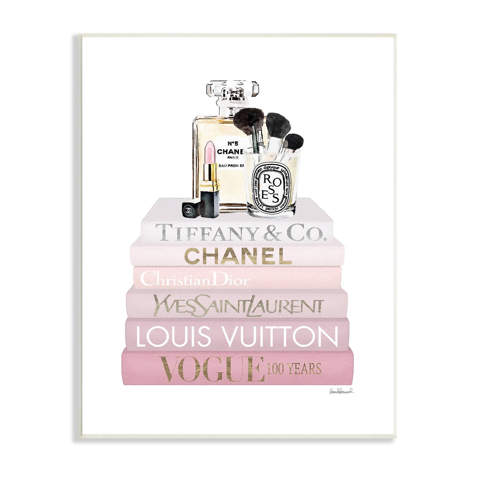 Stupell Industries Deluxe Fragrance and Cosmetics Glam Pink Bookstack Beauty & Fashion Painting Unframed Art Print Wall Art, 10 x 15