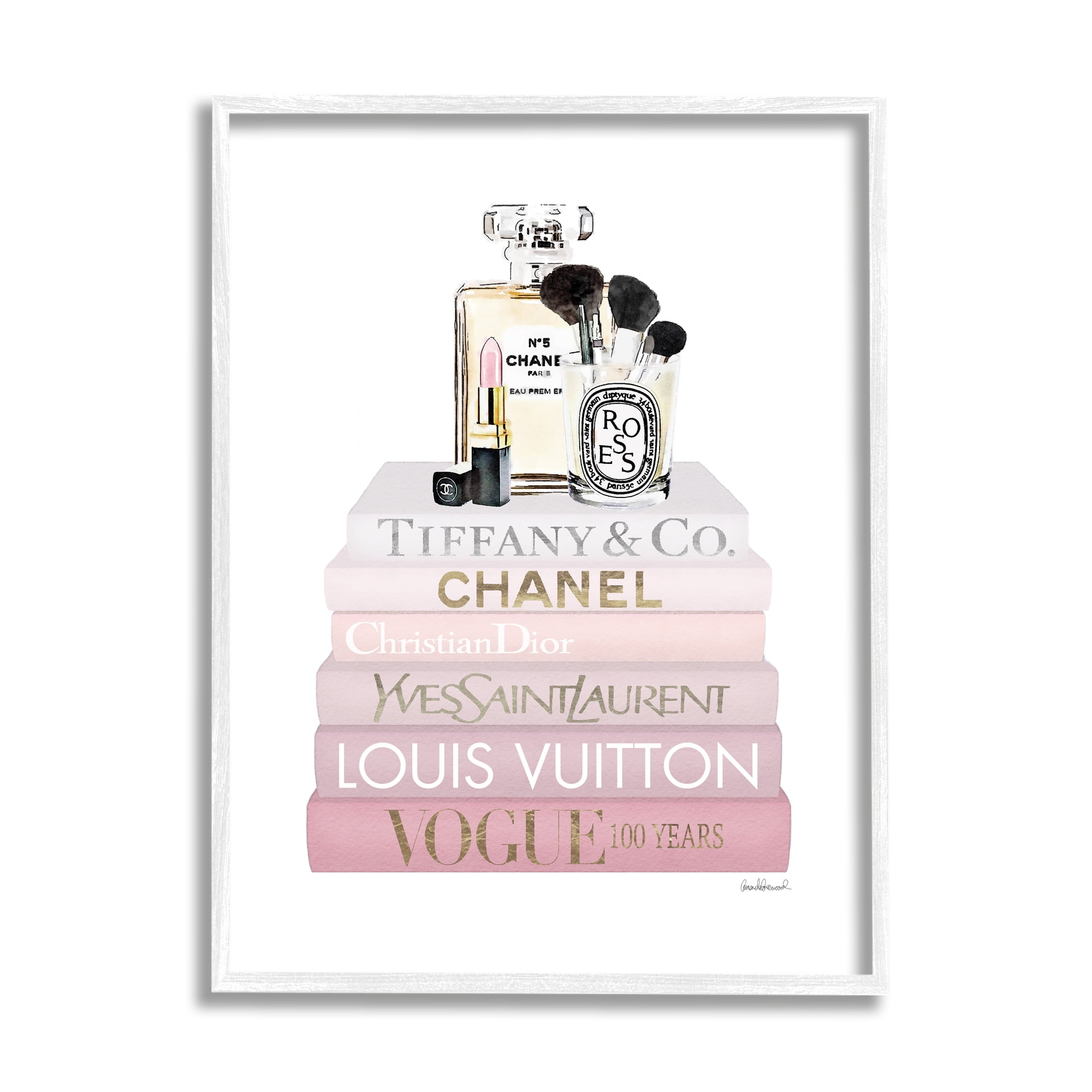 Stupell Industries Deluxe Fragrance and Cosmetics Glam Pink Bookstack Beauty & Fashion Painting White Framed Art Print Wall Art, 24 x 30