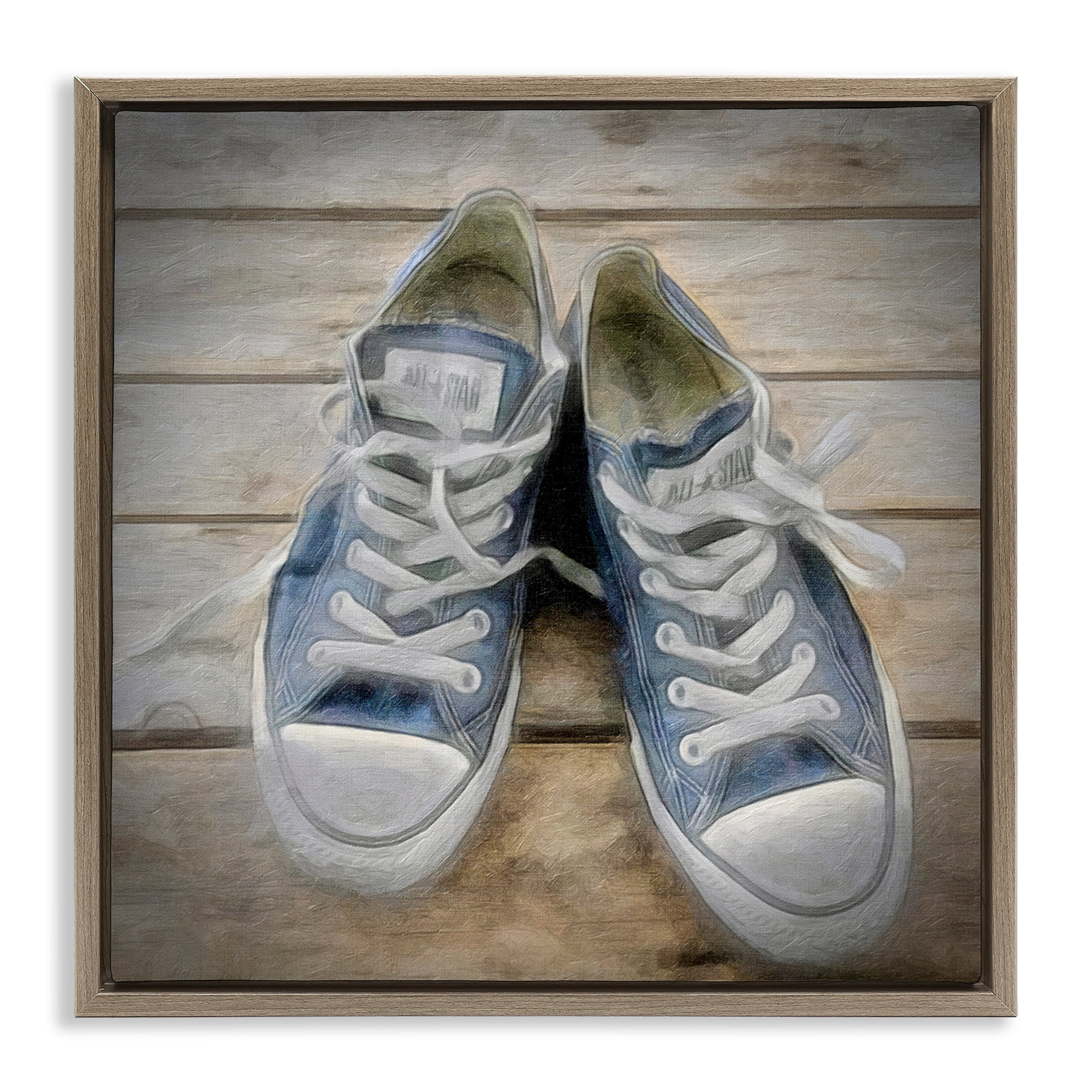 Stupell Industries Denim Blue Classic Sneakers Fashion Painting Brown Floater Framed Canvas Art Print Wall Art, 25 x 25