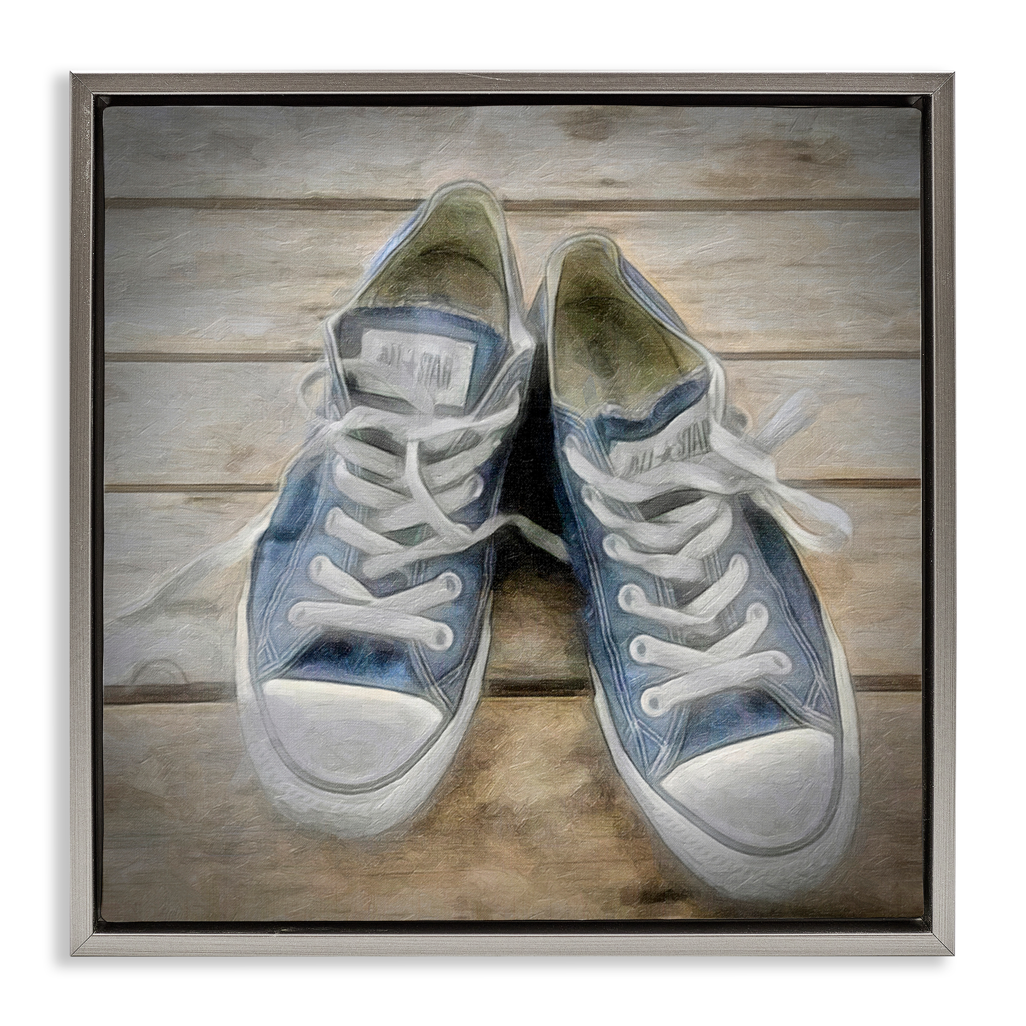 Stupell Industries Denim Blue Classic Sneakers Fashion Painting Gray Floater Framed Canvas Art Print Wall Art, 18 x 18
