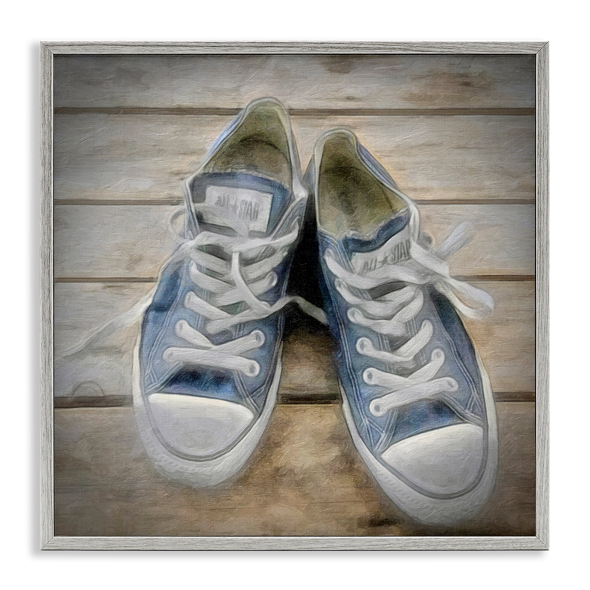 Stupell Industries Denim Blue Classic Sneakers Fashion Painting Gray Framed Art Print Wall Art, 24 x 24
