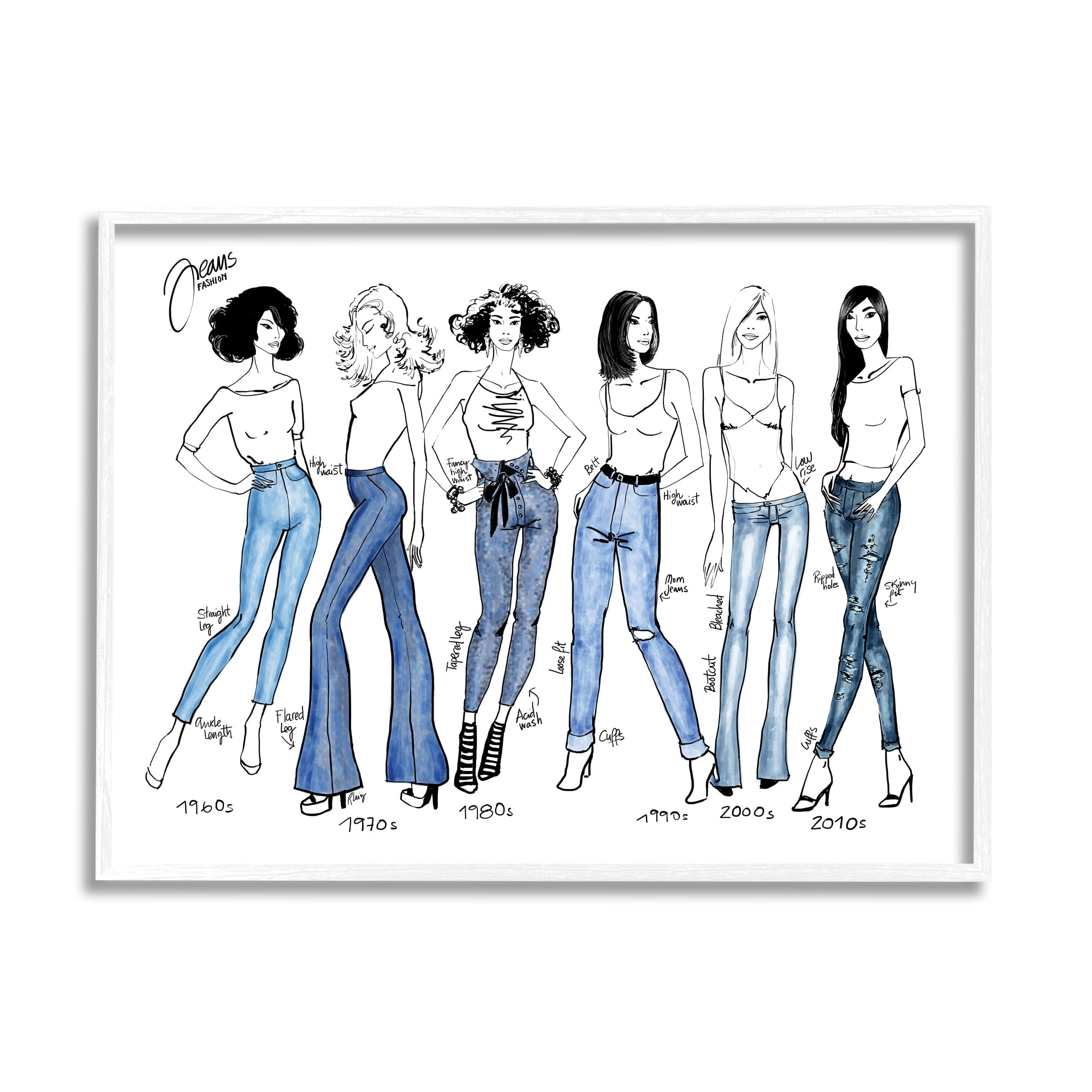 Stupell Industries Denim By Decades Female Fashion Jeans Blue White, 11 x 14, Designed by BlursByAI