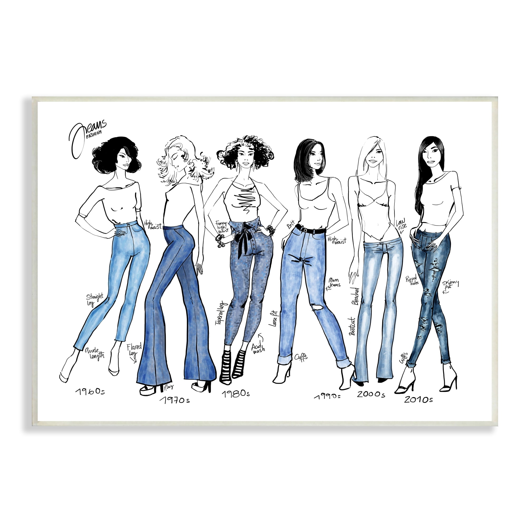 Stupell Industries Denim By Decades Female Fashion Jeans Blue White, 13 x 19, Designed by BlursByAI
