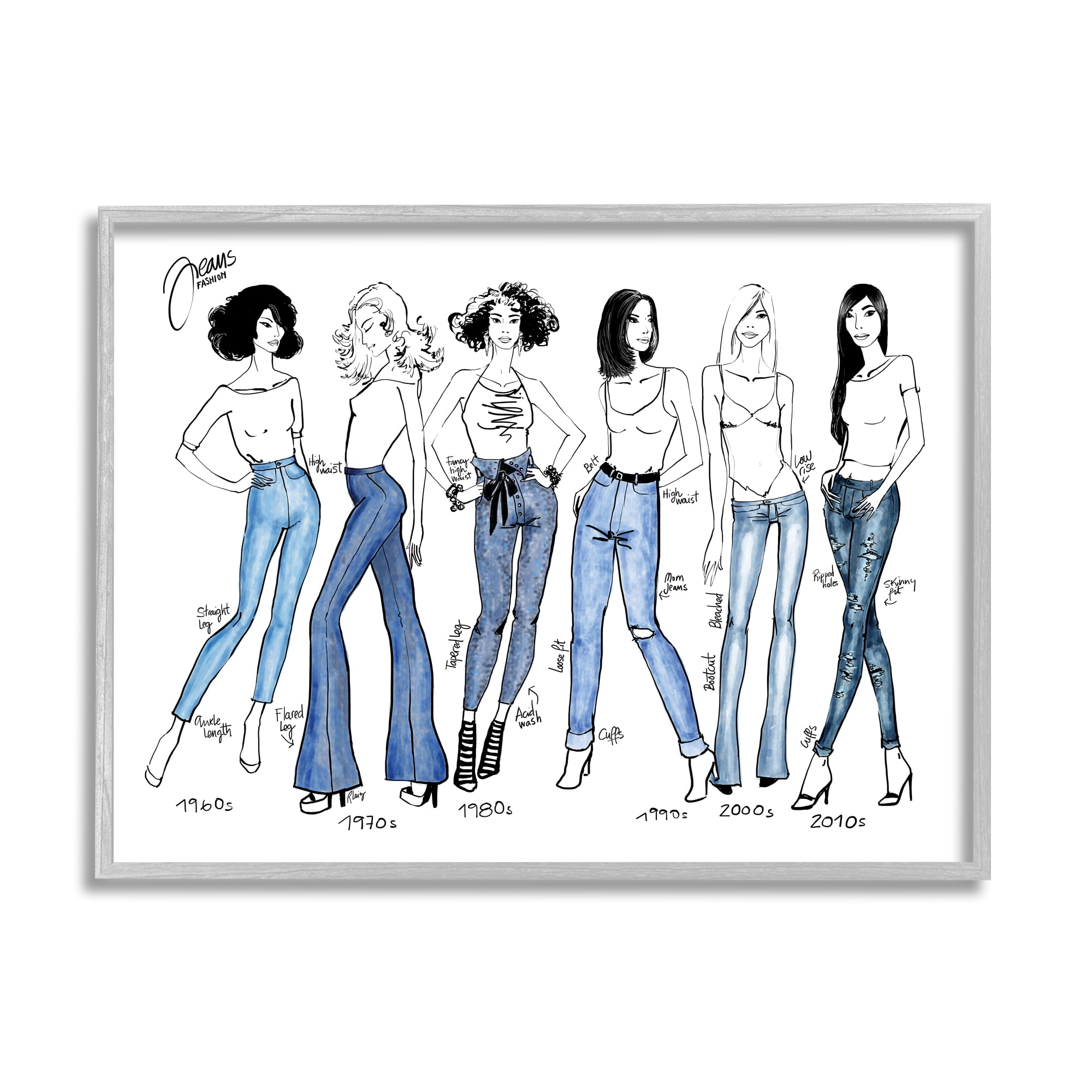 Stupell Industries Denim By Decades Female Fashion Jeans Blue White, 16 x 20, Designed by BlursByAI