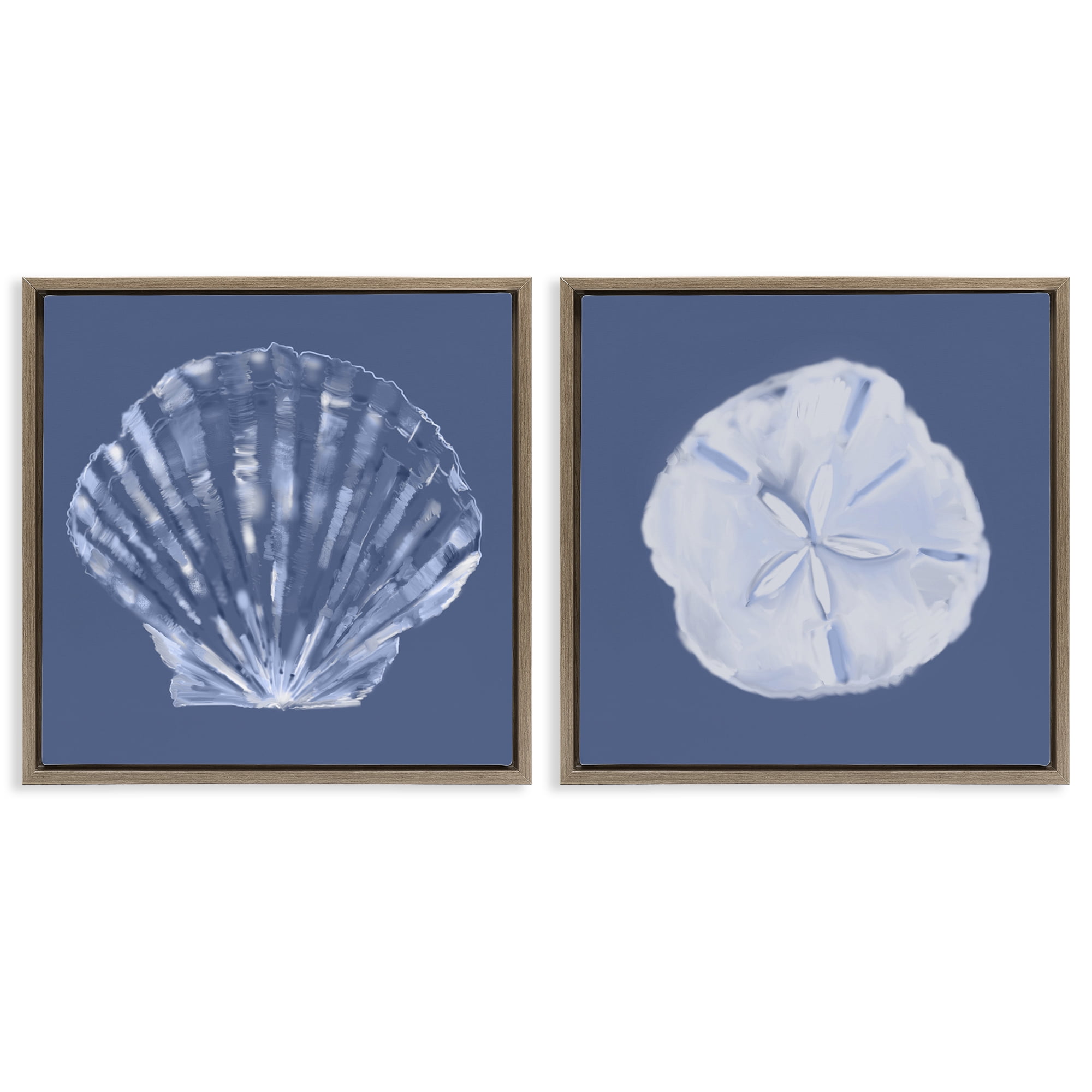 Stupell Industries Denim Sand Dollar & Scallop Nautical & Beach Painting Brown Floater Framed Canvas Art Print Wall Art, 18 x 18, Set of 2