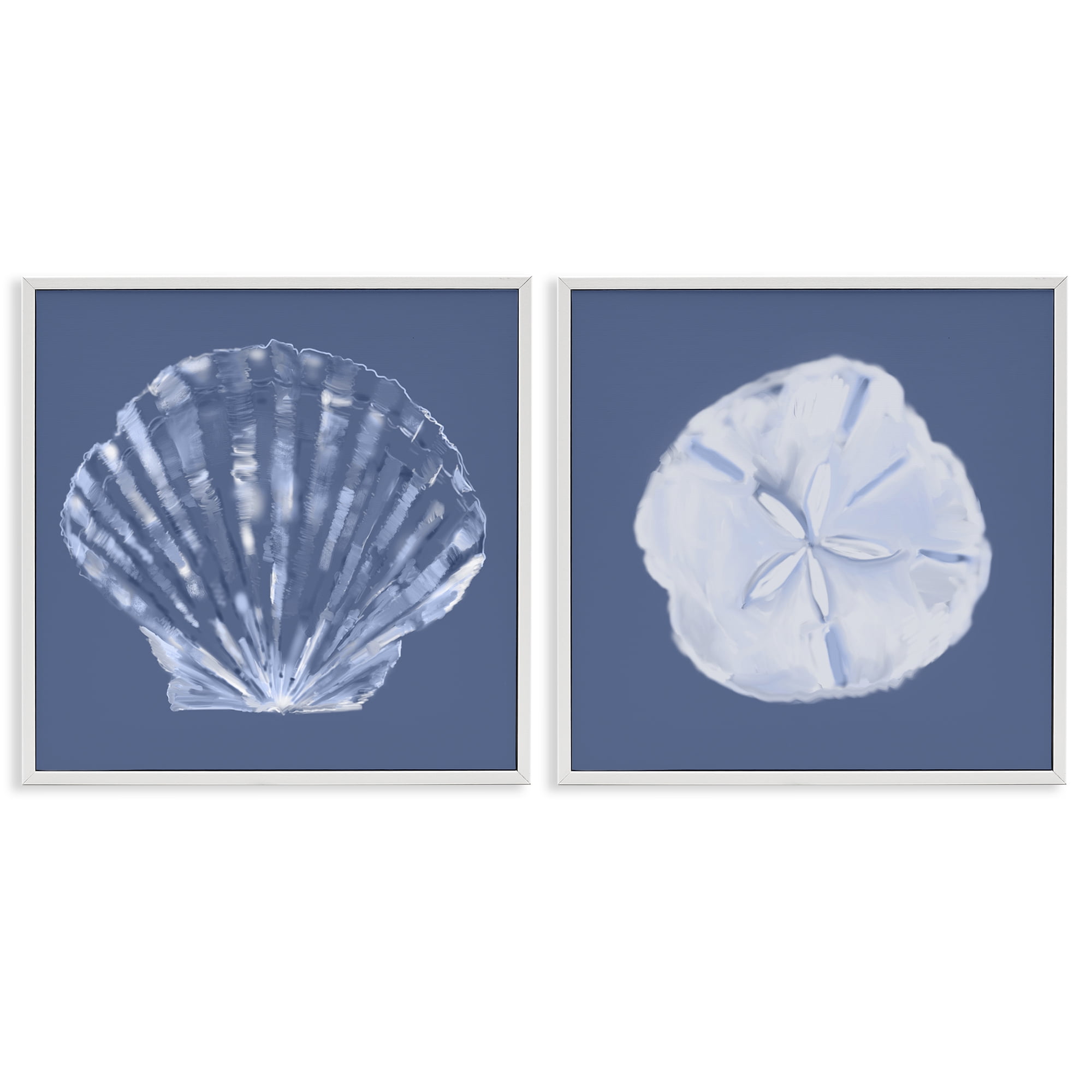 Stupell Industries Denim Sand Dollar & Scallop Nautical & Beach Painting White Framed Art Print Wall Art, 12 x 12, Set of 2