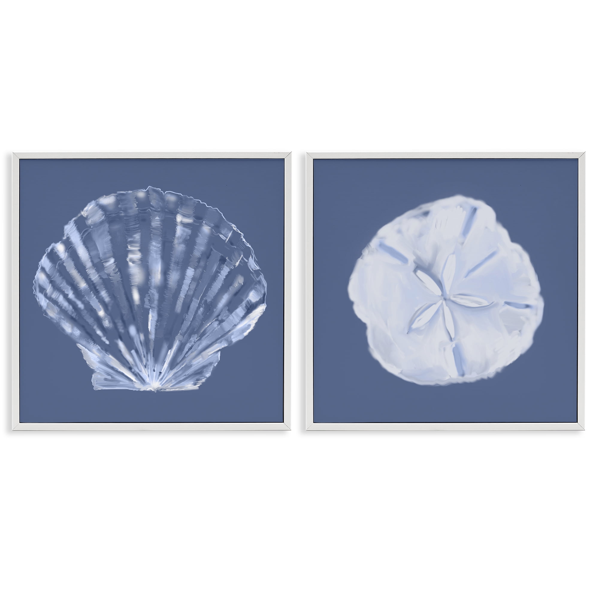 Stupell Industries Denim Sand Dollar & Scallop Nautical & Beach Painting White Framed Art Print Wall Art, 17 x 17, Set of 2