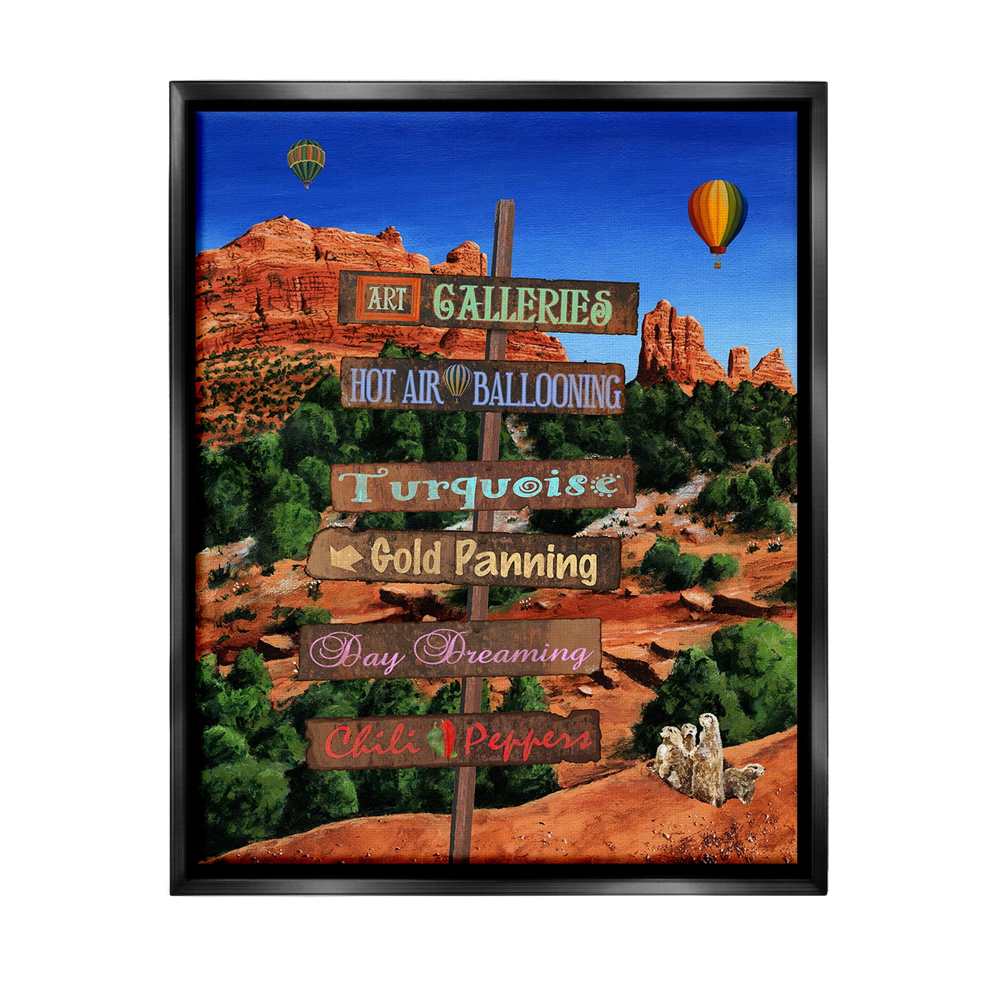 Stupell Industries Desert Activities Sign Landscape Painting Black Floater Framed Canvas Art Print Wall Art, 25 x 31