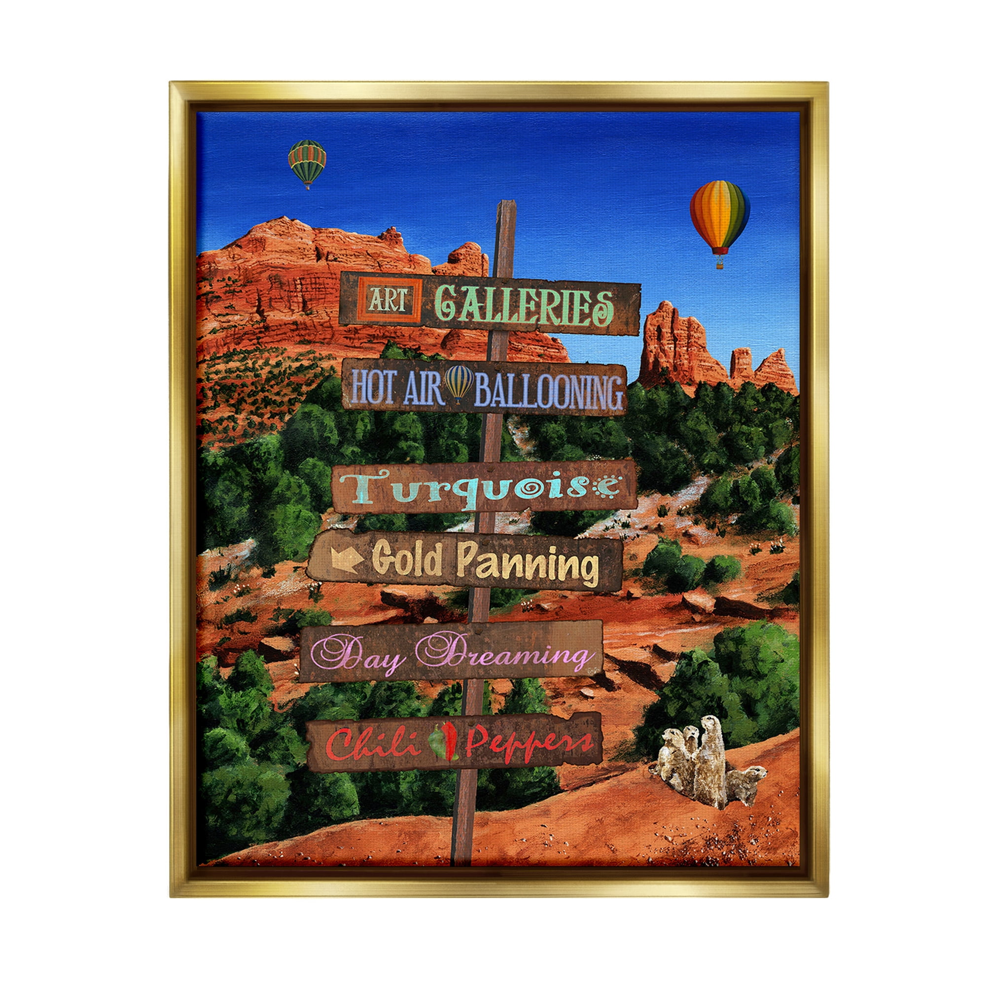 Stupell Industries Desert Activities Sign Landscape Painting Gold Floater Framed Canvas Art Print Wall Art, 25 x 31