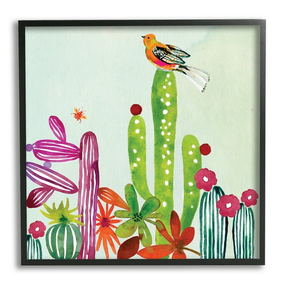 Stupell Industries Desert Bird on Cactus Botanical & Floral Painting Black Framed Art Print Wall Art, 24 x 24
